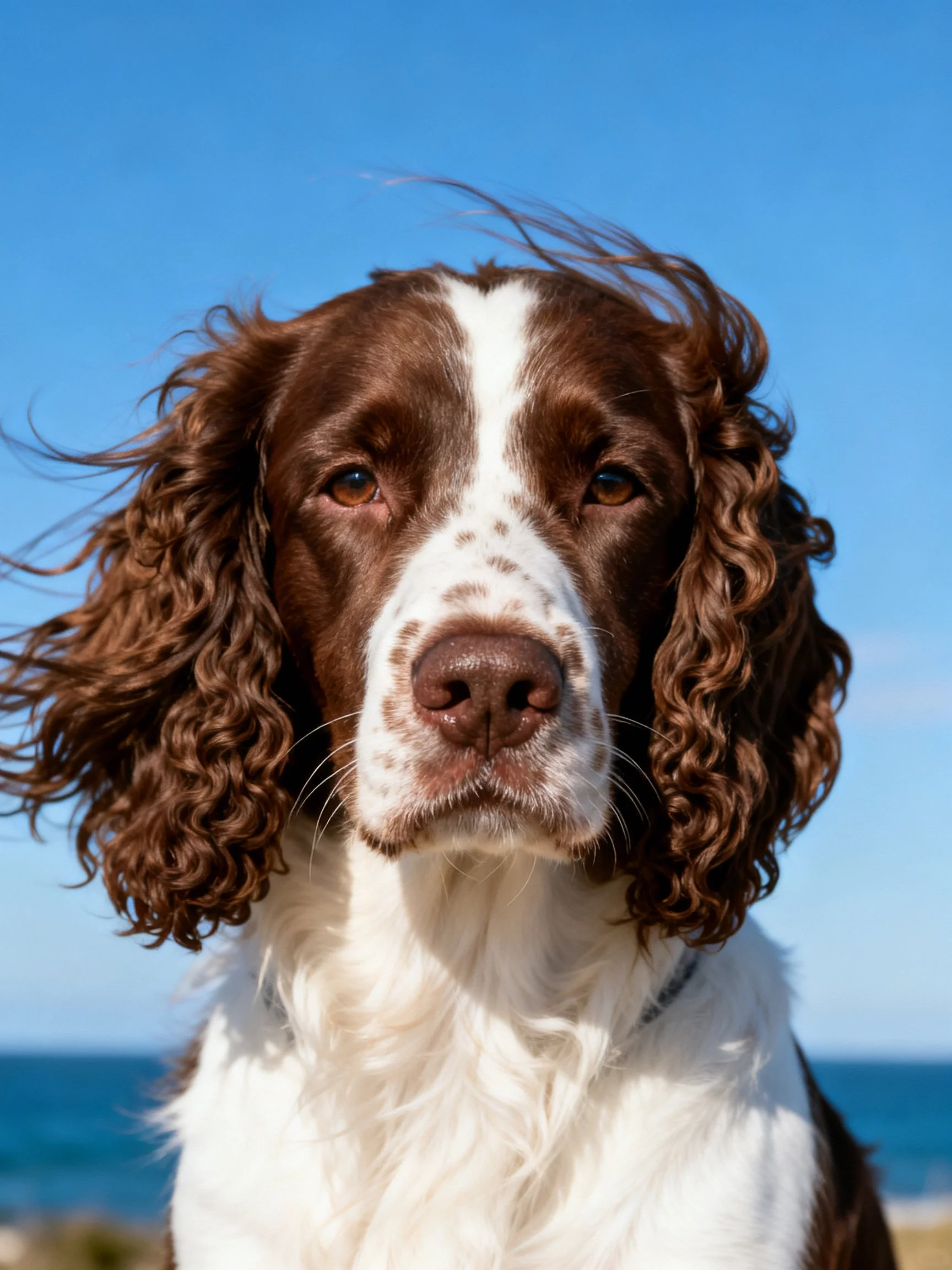A brown and white spaniel is photographed outdoors with a blue sky behind it.