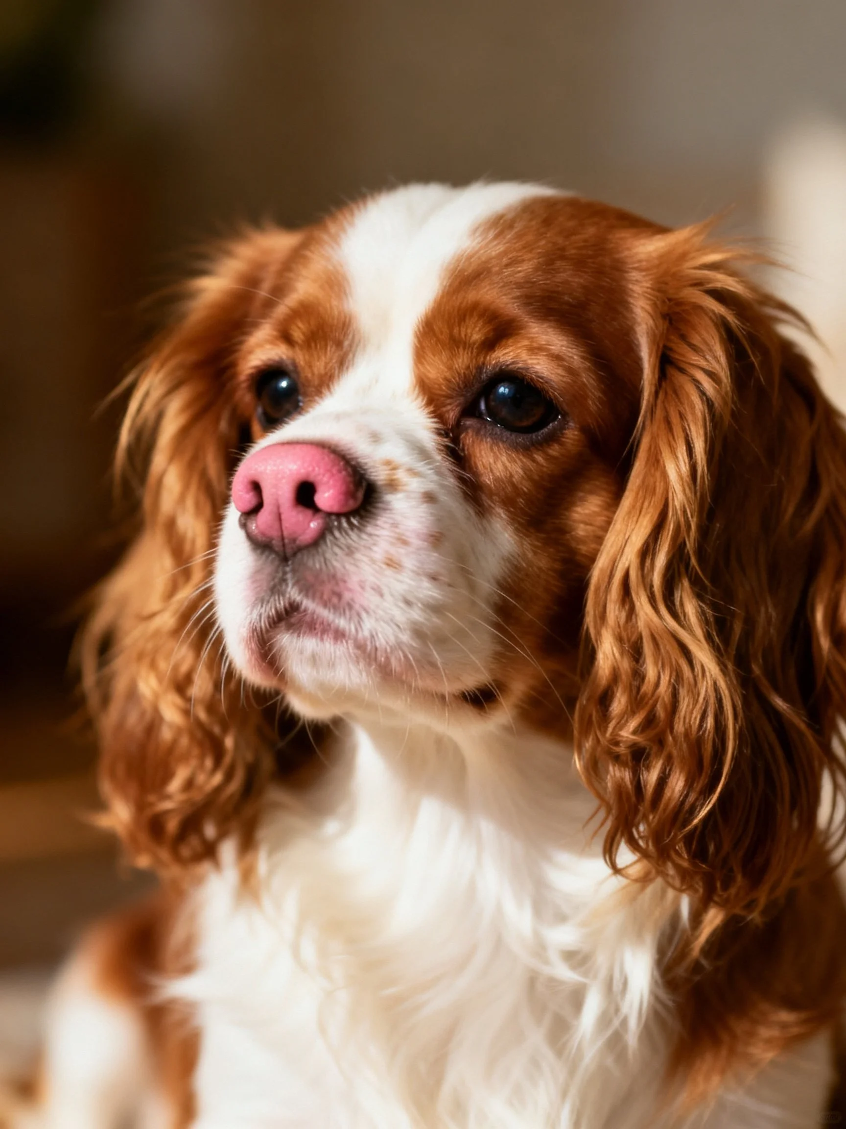 A brown and white spaniel gazes attentively with its pink nose and long ears.