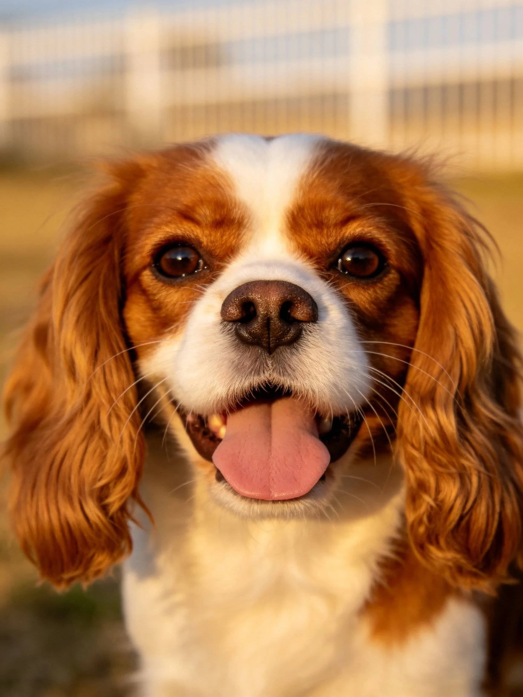 A cheerful brown and white spaniel displays a pink tongue in an outdoor scene.
