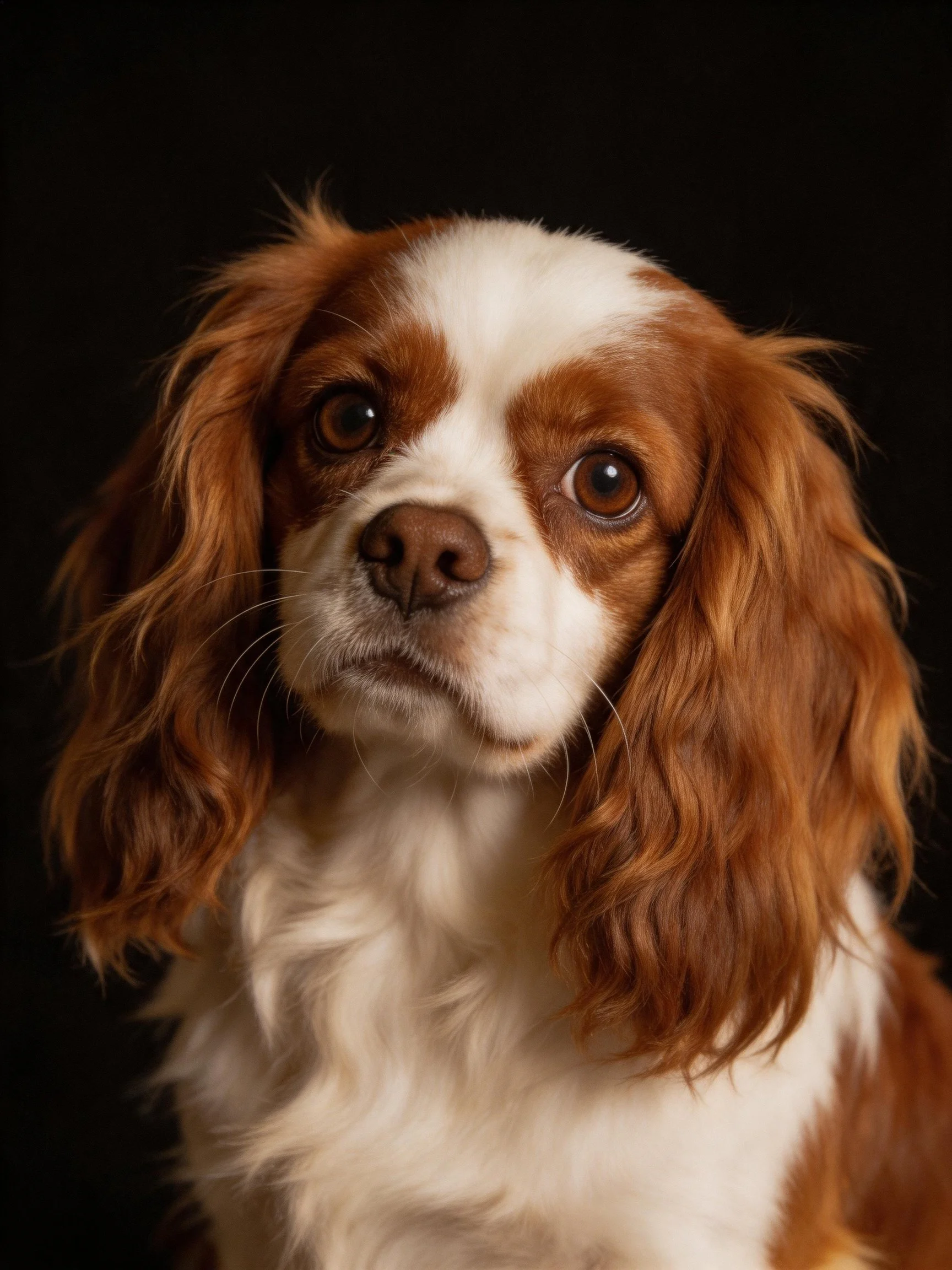 A brown and white spaniel with long wavy ears against a black backdrop