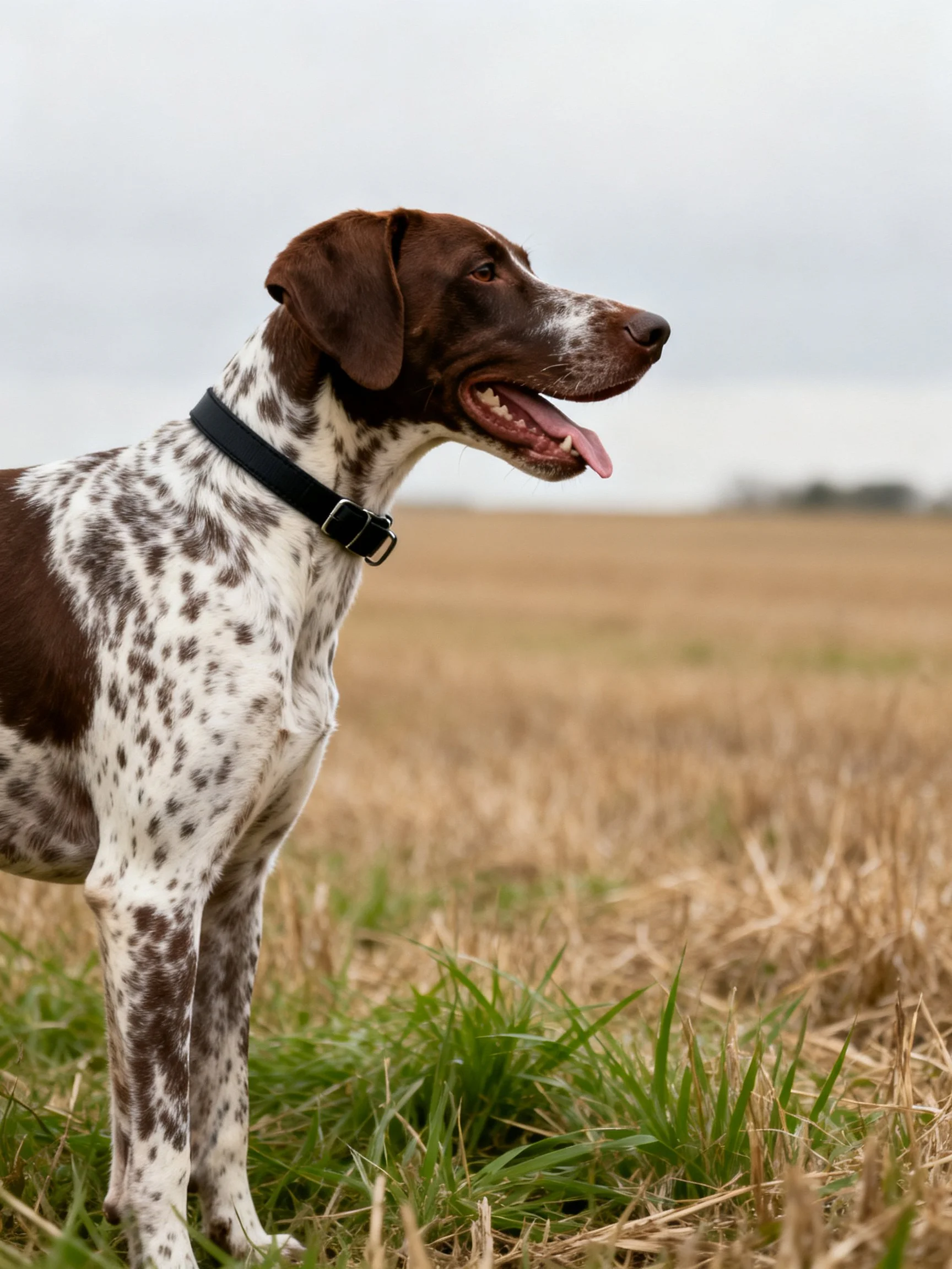 A brown and white speckled dog stands in an open field.