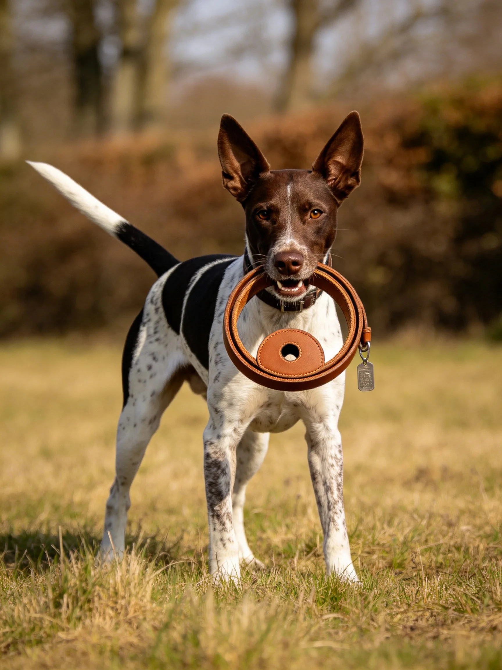 A brown and white dog carries a brown leather ring while standing in a grassy field.