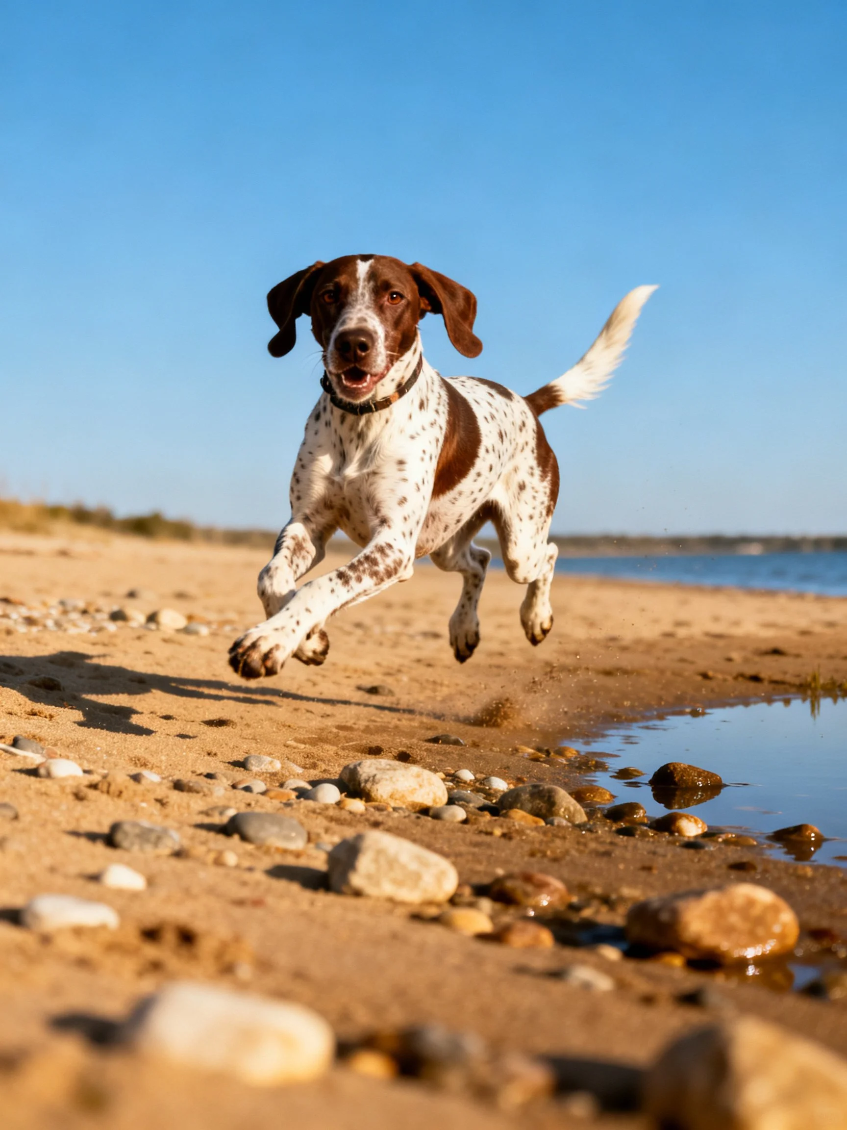 A brown and white spotted dog runs energetically on a sandy shoreline with rocks.