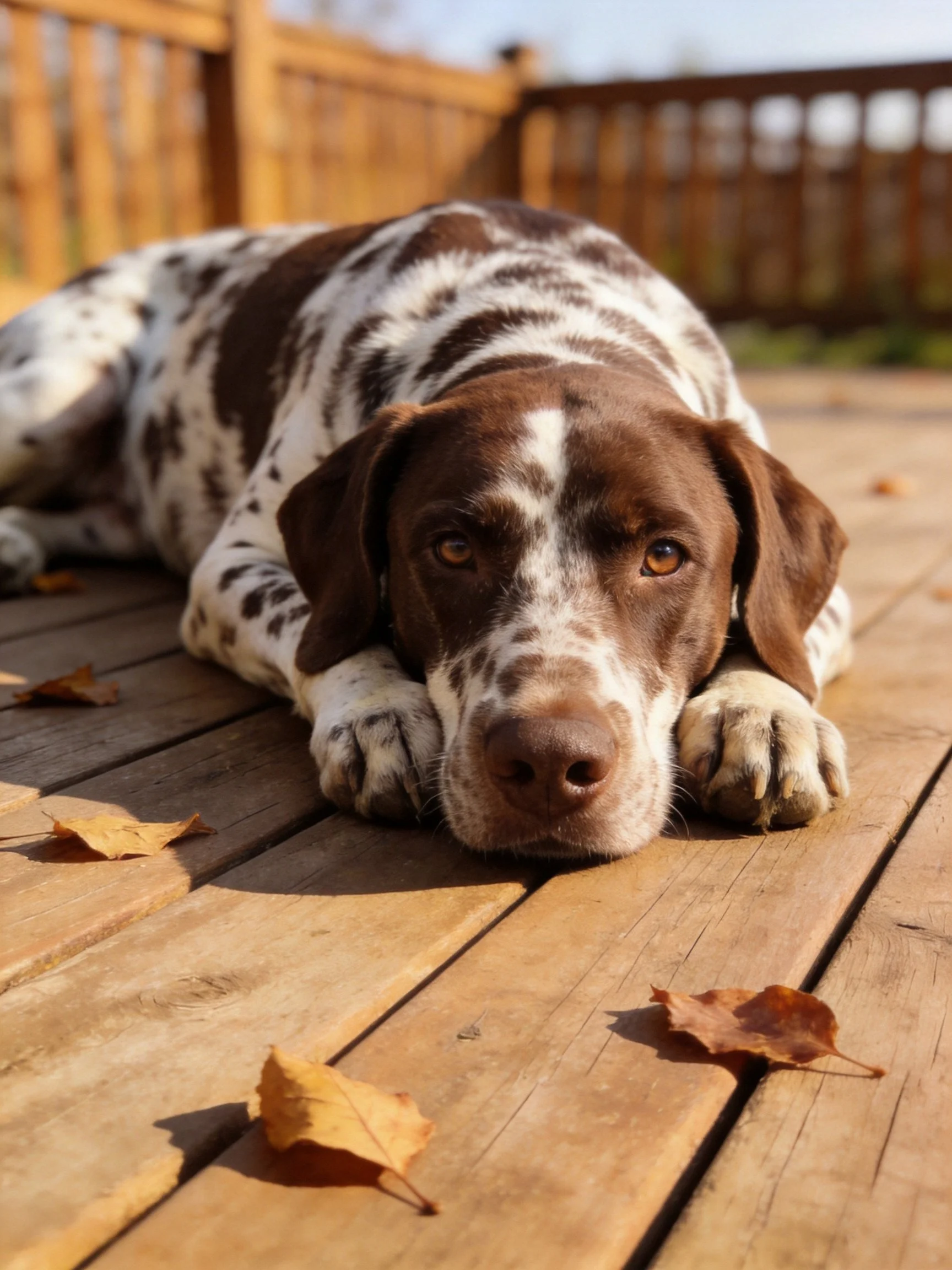 A brown and white spotted dog relaxes on a wooden deck surrounded by fallen autumn leaves.