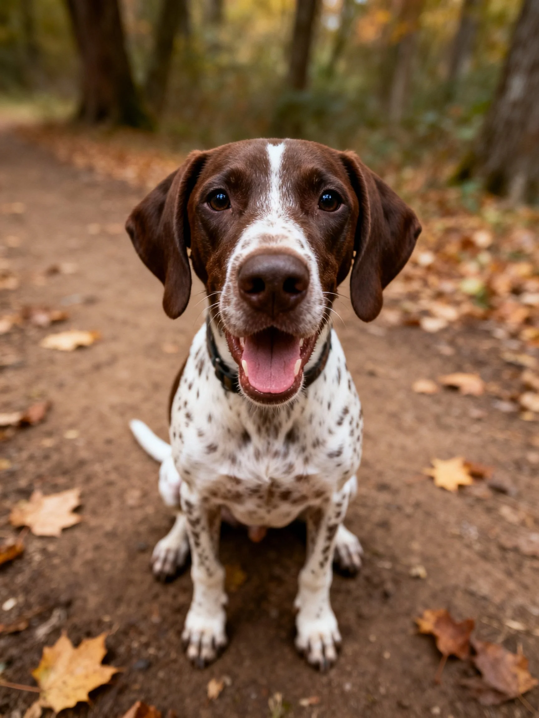 A brown and white spotted dog sits happily on a leaf-covered dirt path.