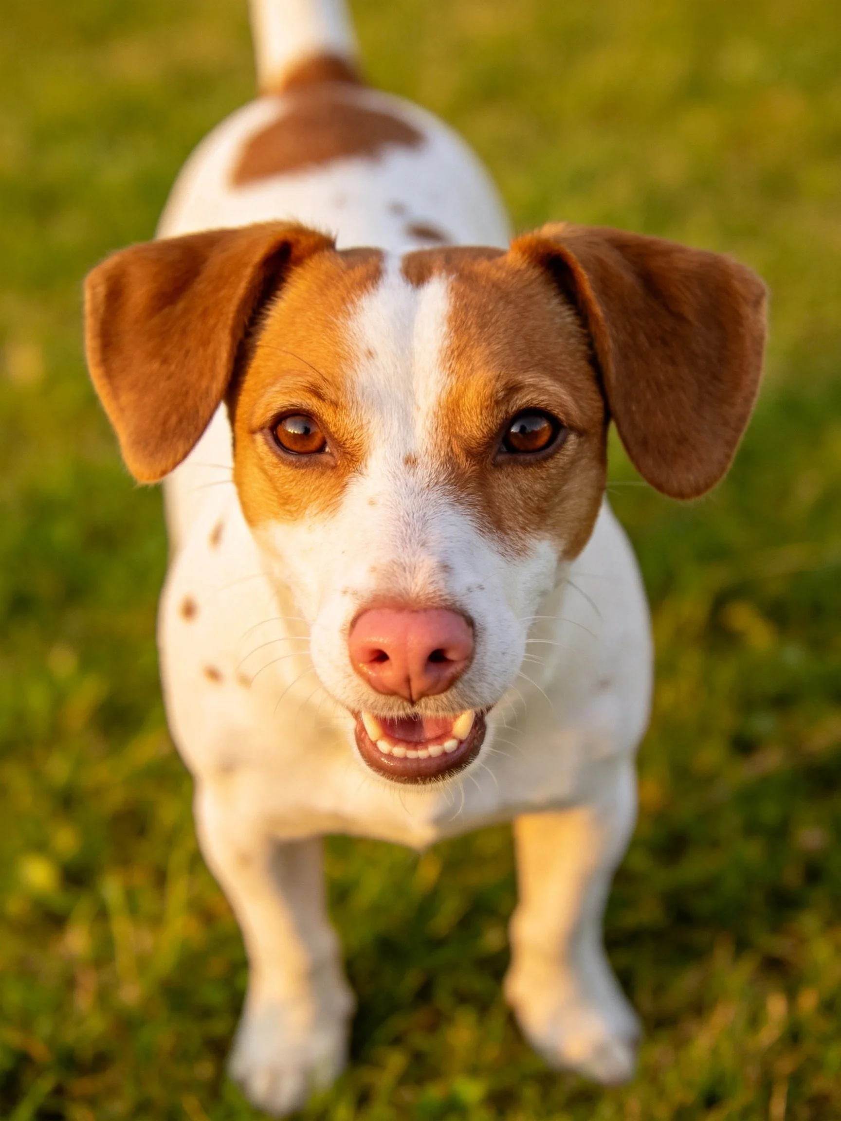 A brown and white spotted dog gazes toward the camera on green grass.