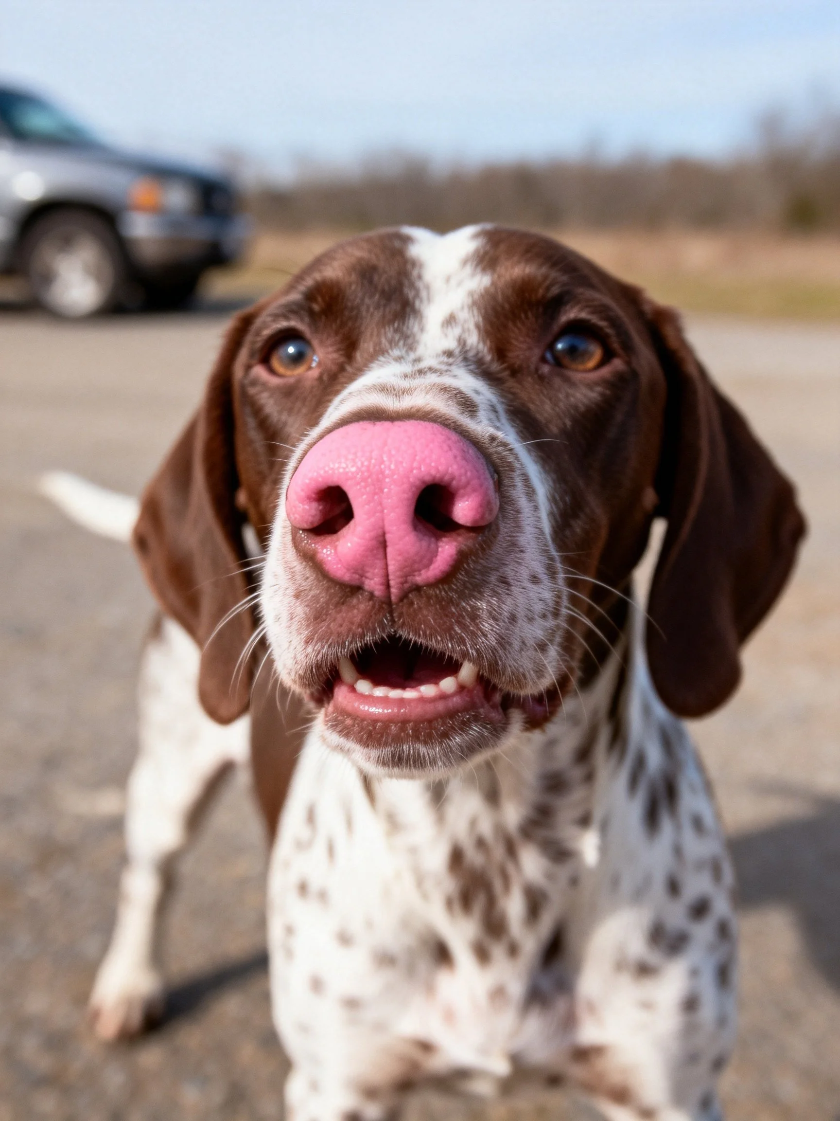 A brown and white spotted dog with a pink nose stands near a vehicle in an outdoor area.