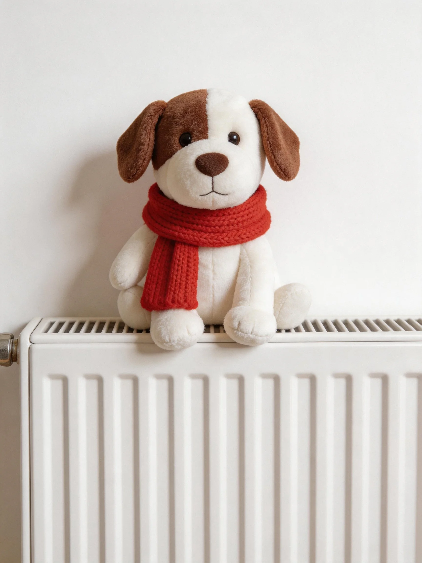 A stuffed dog toy with a red scarf sits on a white radiator.