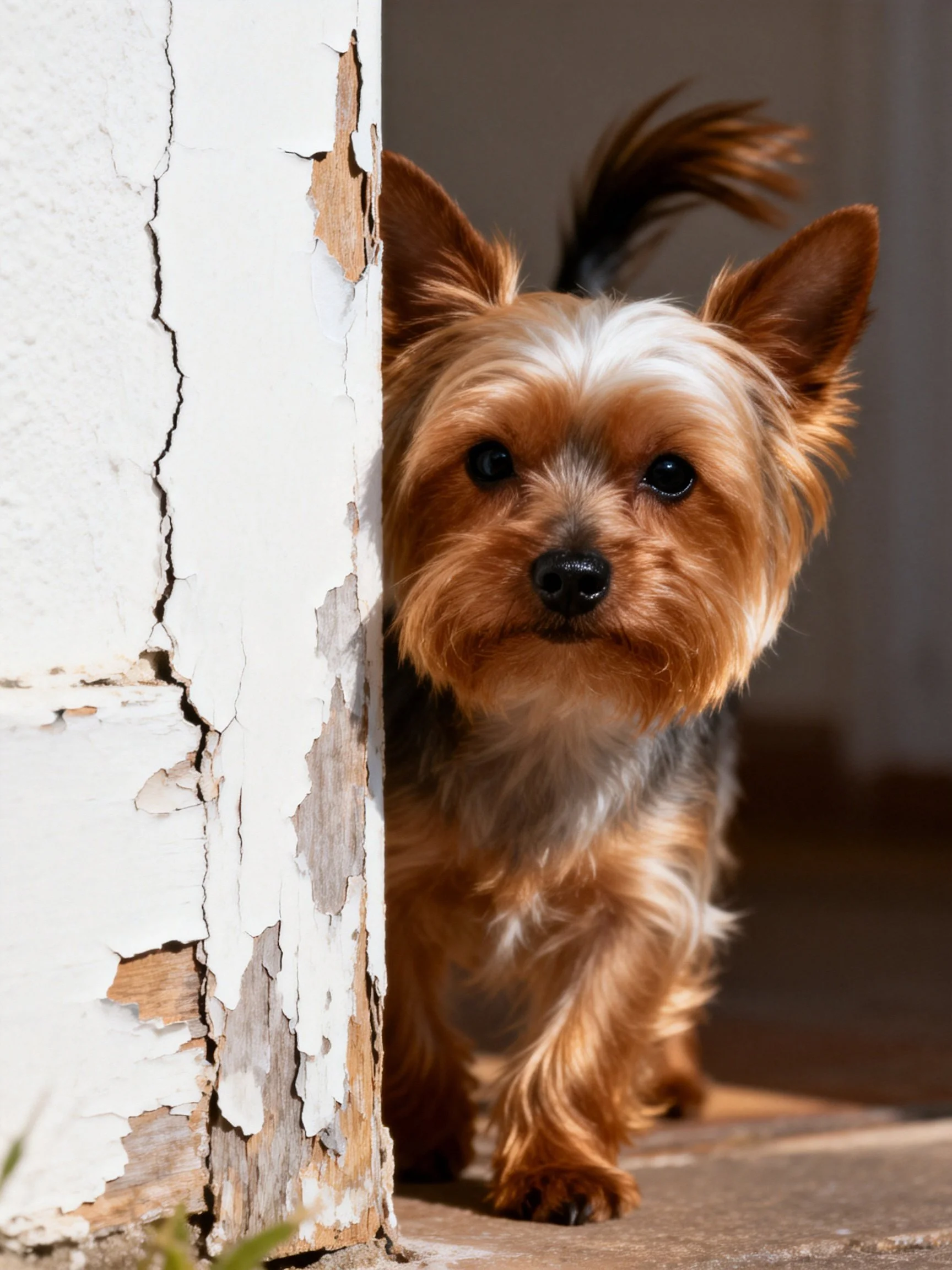 A small brown and white terrier cautiously emerges from behind a cracked white wall.