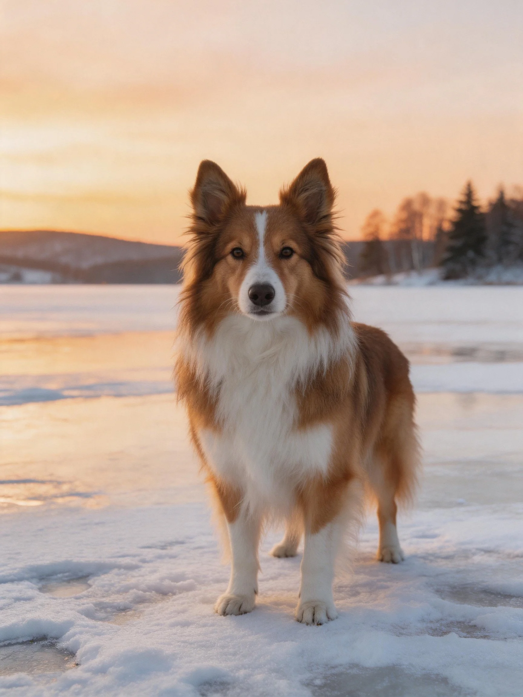 A brown andwhite dog stands on frozen ground at sunset