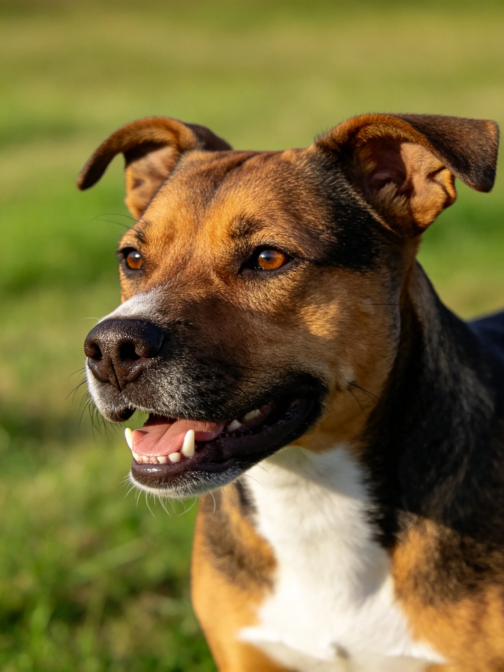 A brown, black, and white dog stands alertly in a sunlit green field.