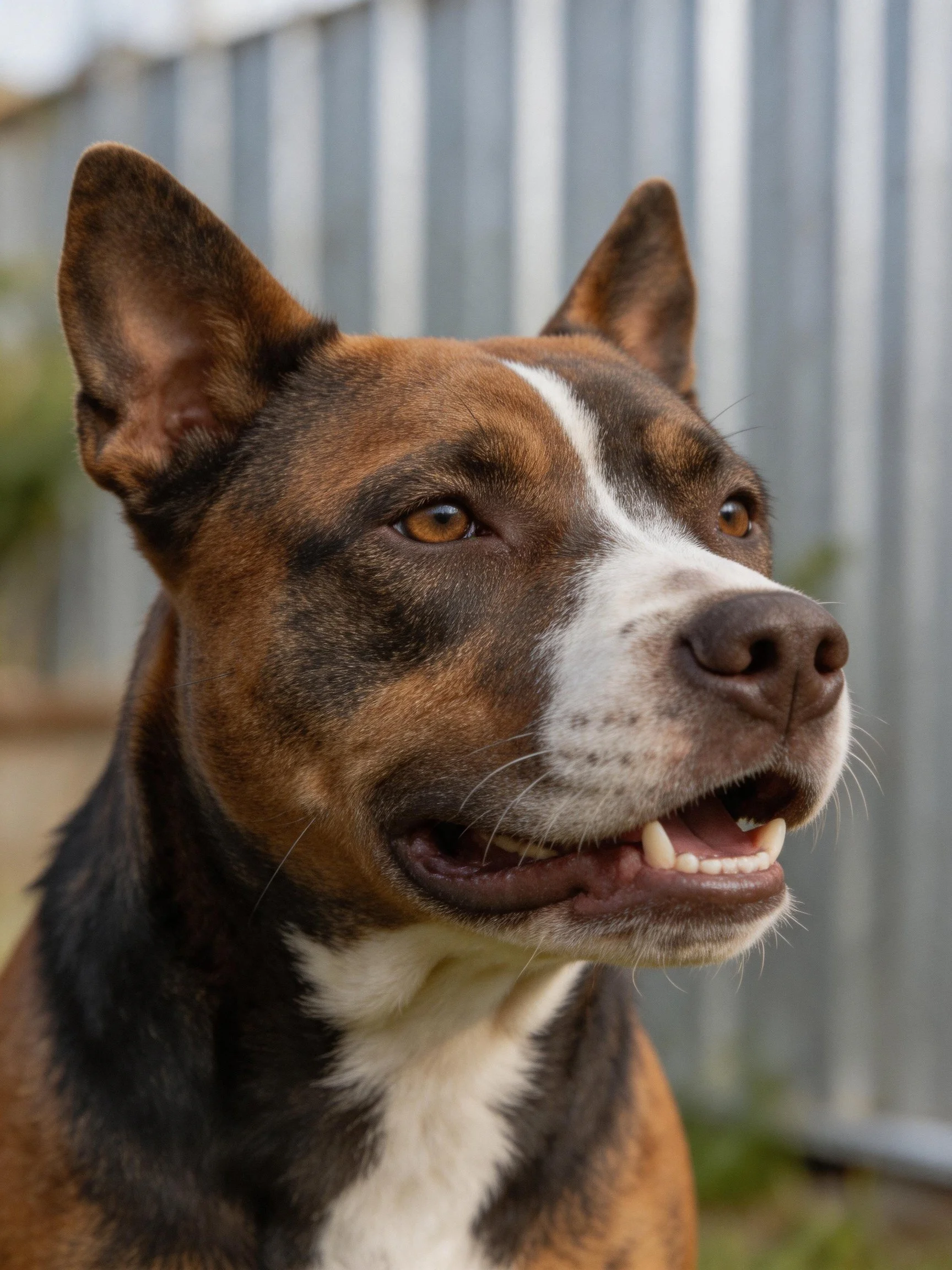 A brown, black, and white dog stands near a corrugated metal structure.