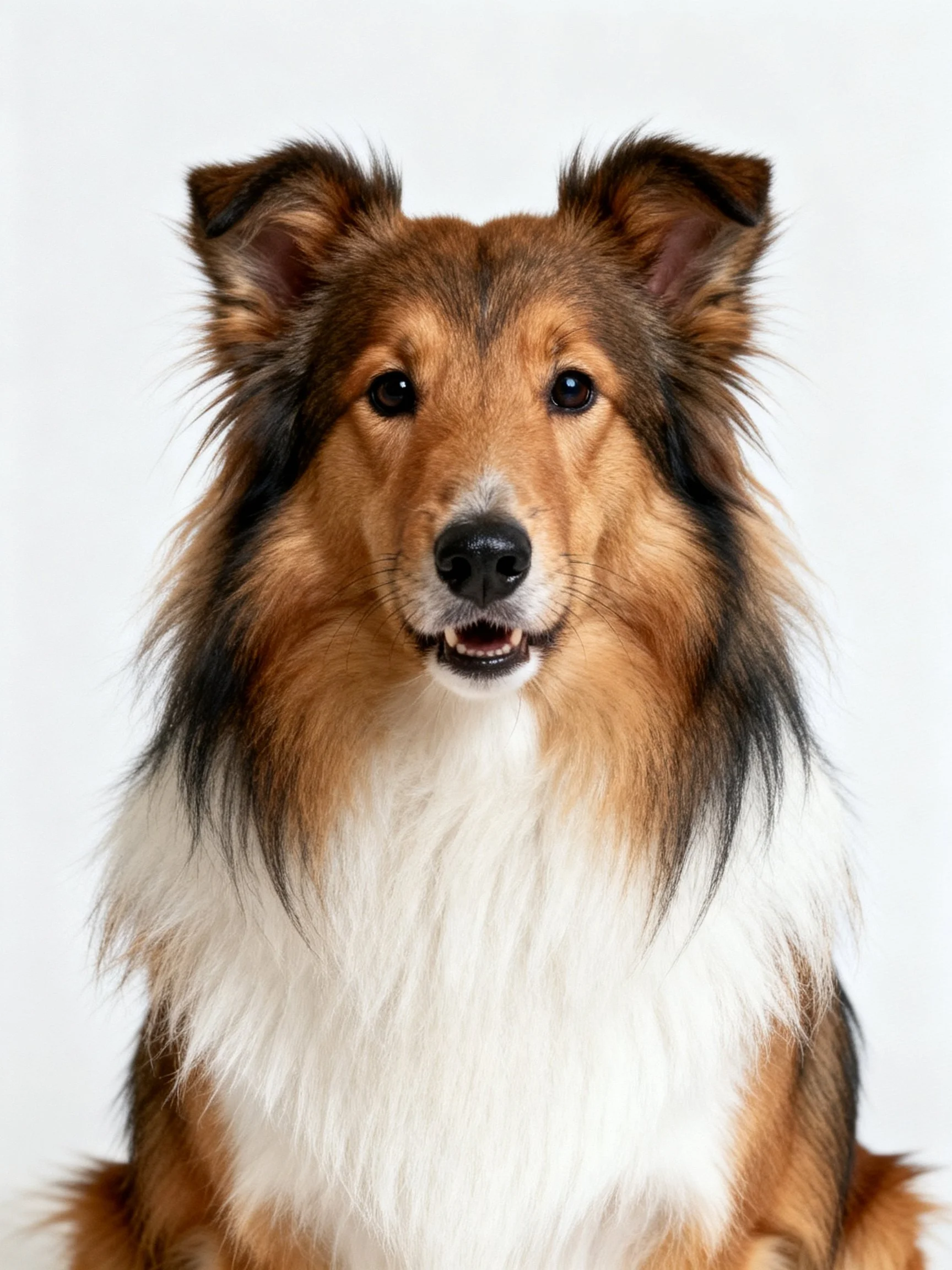 A brown, black, and white long-coated dog sits calmly against a plain background.