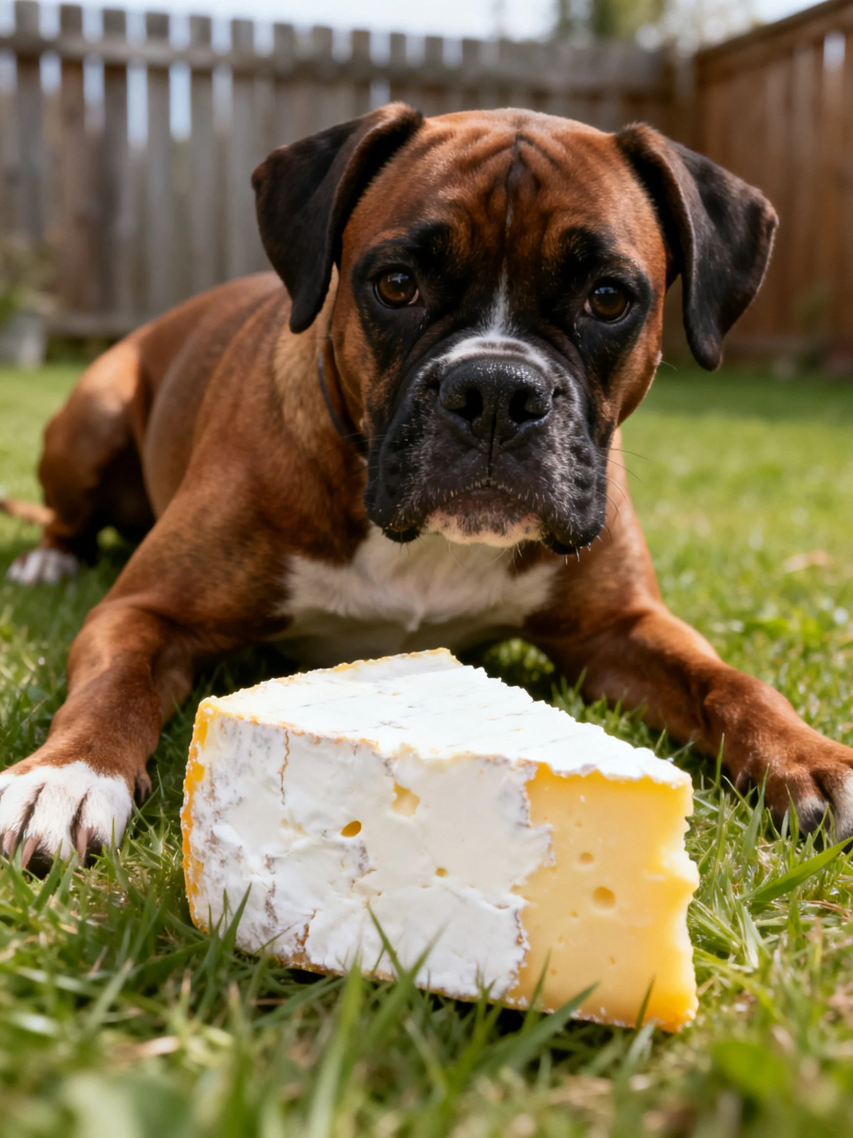 A brown boxer dog rests near a large wedge of white-rinded cheese on green grass