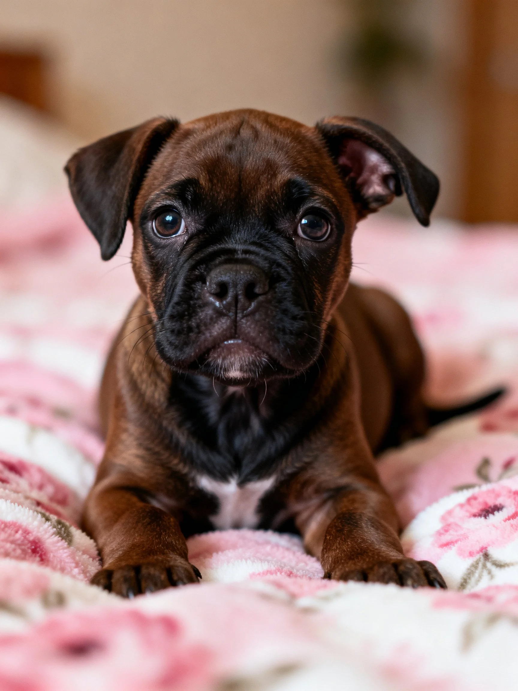 A brown boxer puppy rests calmly on a pink floral blanket.