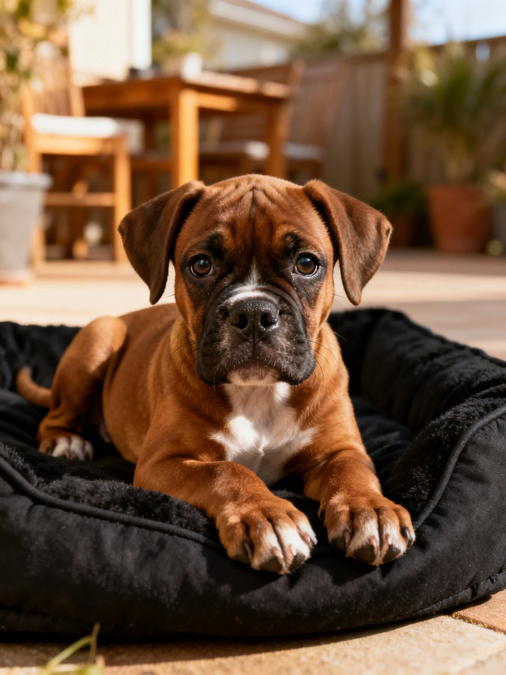 A brown boxer puppy resting in a black pet bed outdoors