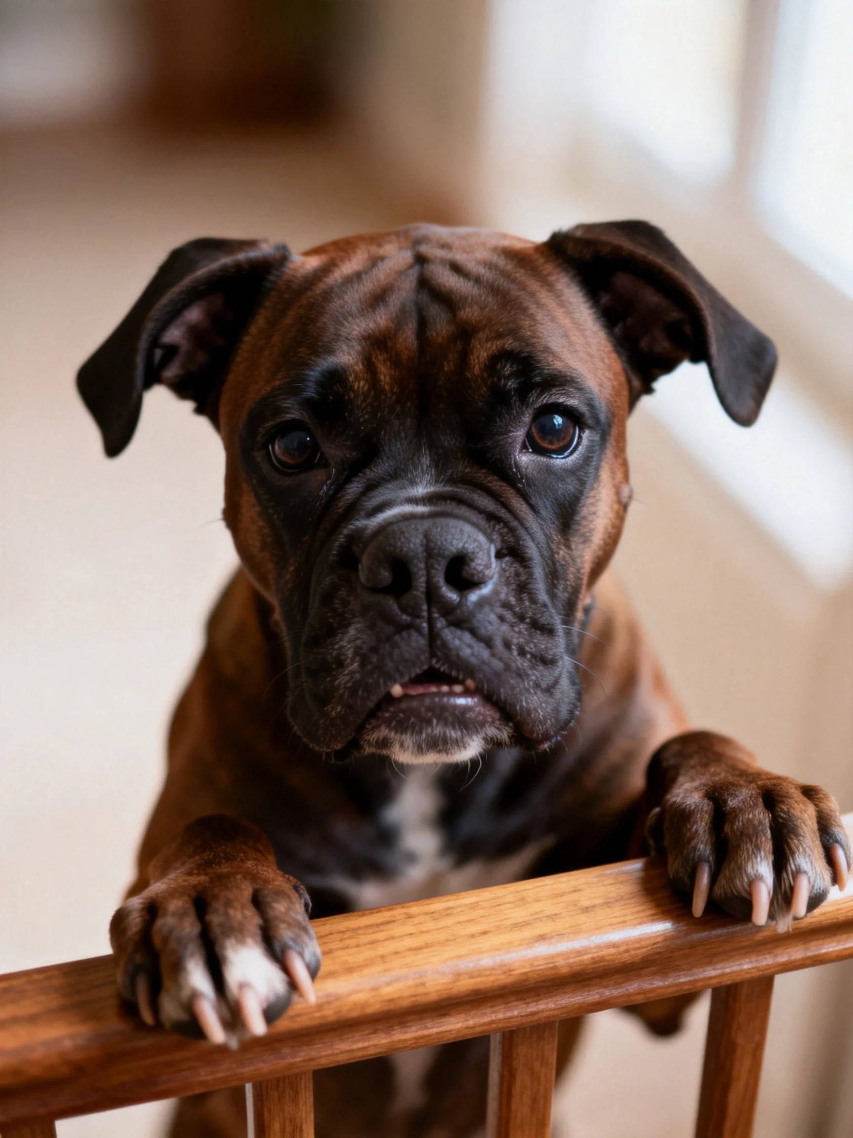 A brown boxer puppy with dark facial markings leans over a wooden railing