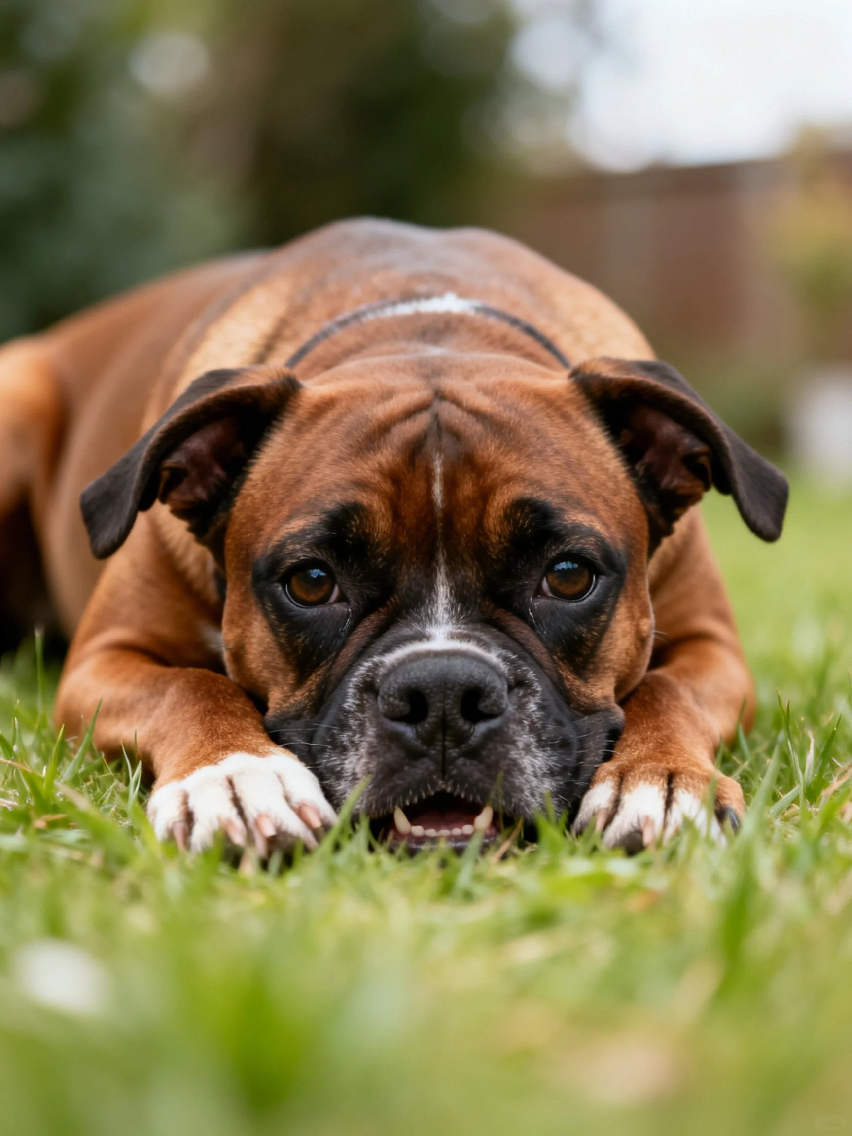 A brown boxer rests on vibrant green grass outdoors