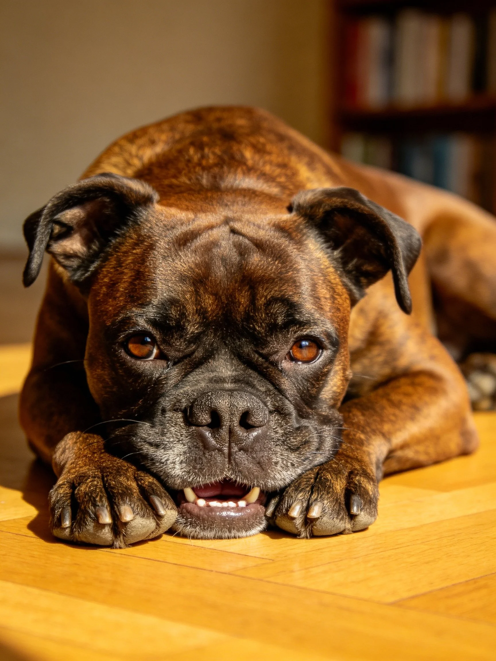 A brown brindle boxer rests on a wooden floor