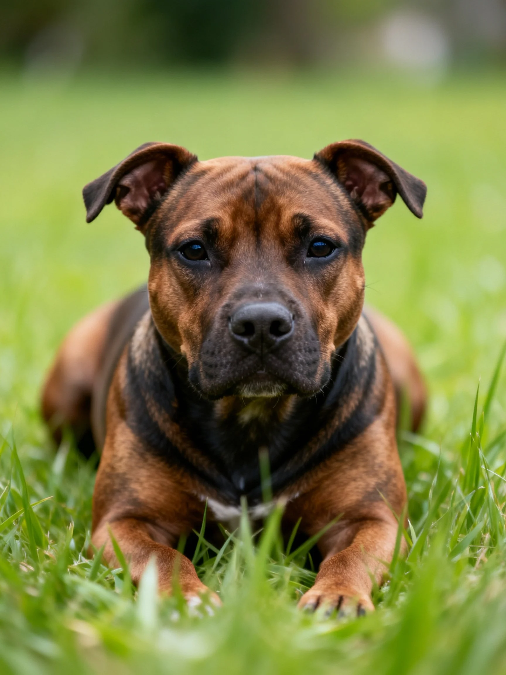 A brown brindle dog rests on vibrant green grass