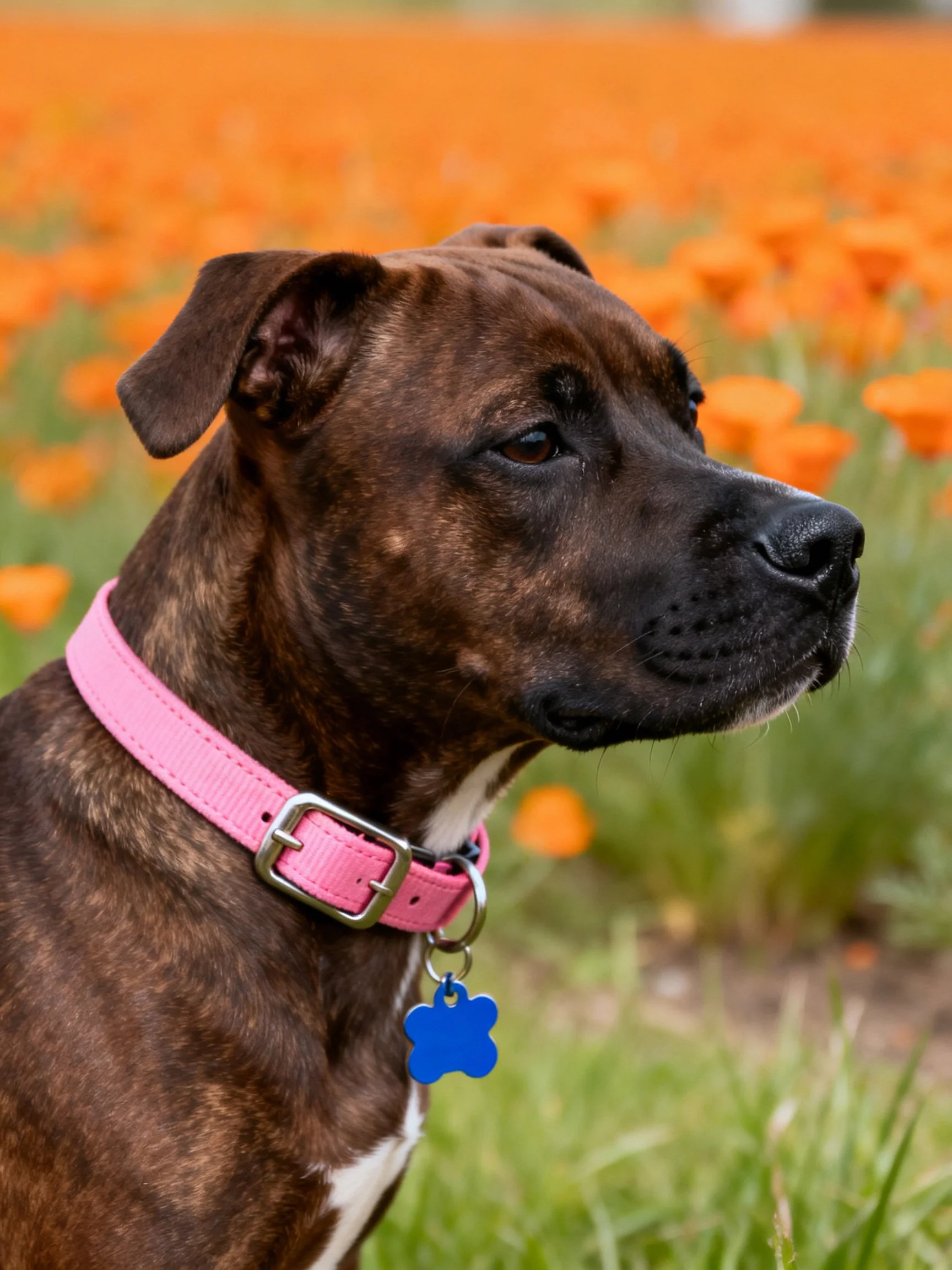 A brown brindle dog with a pink collar amidst orange flowers