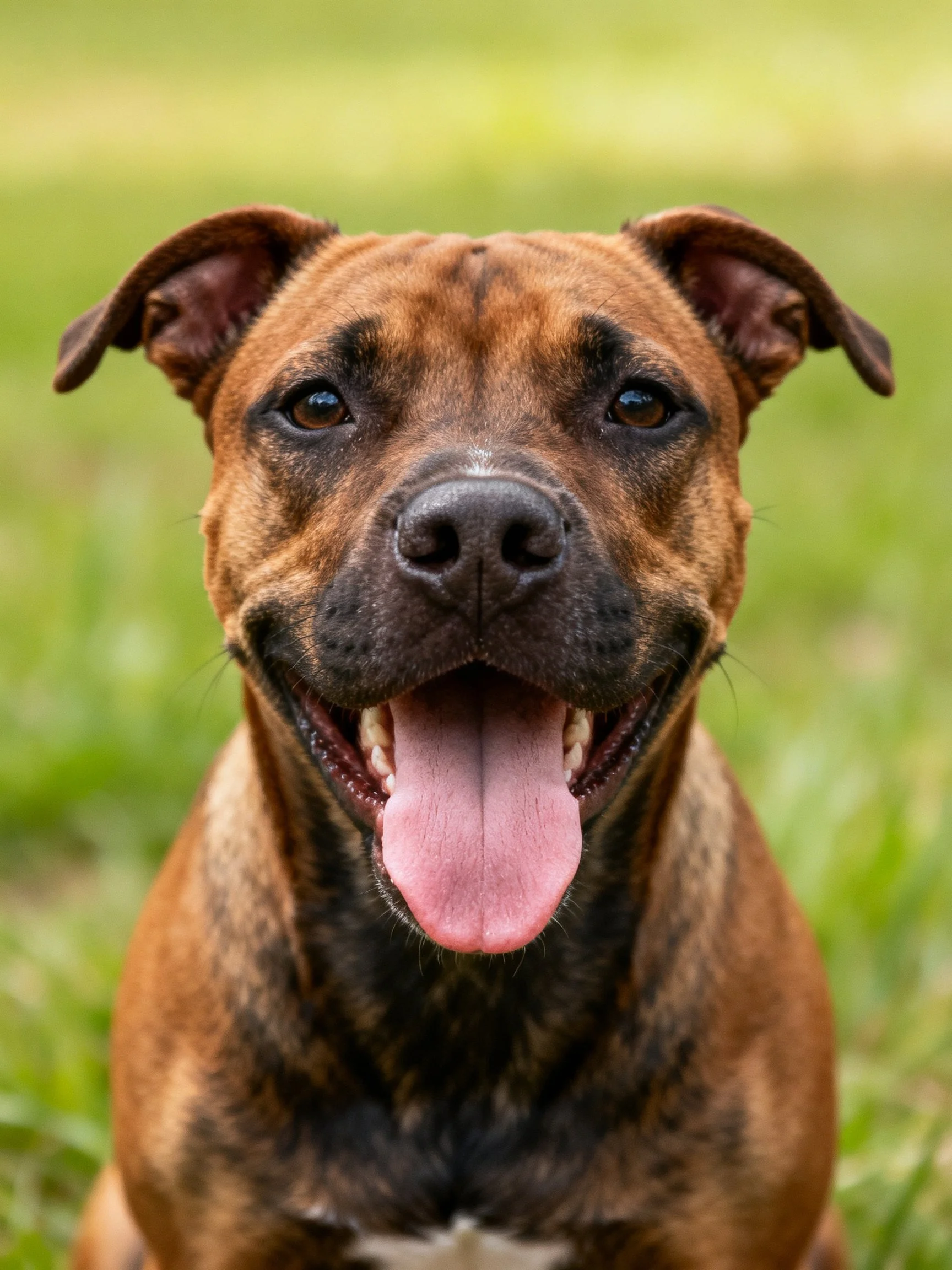 A brown brindle dog with dark facial markings, panting in a grassy field