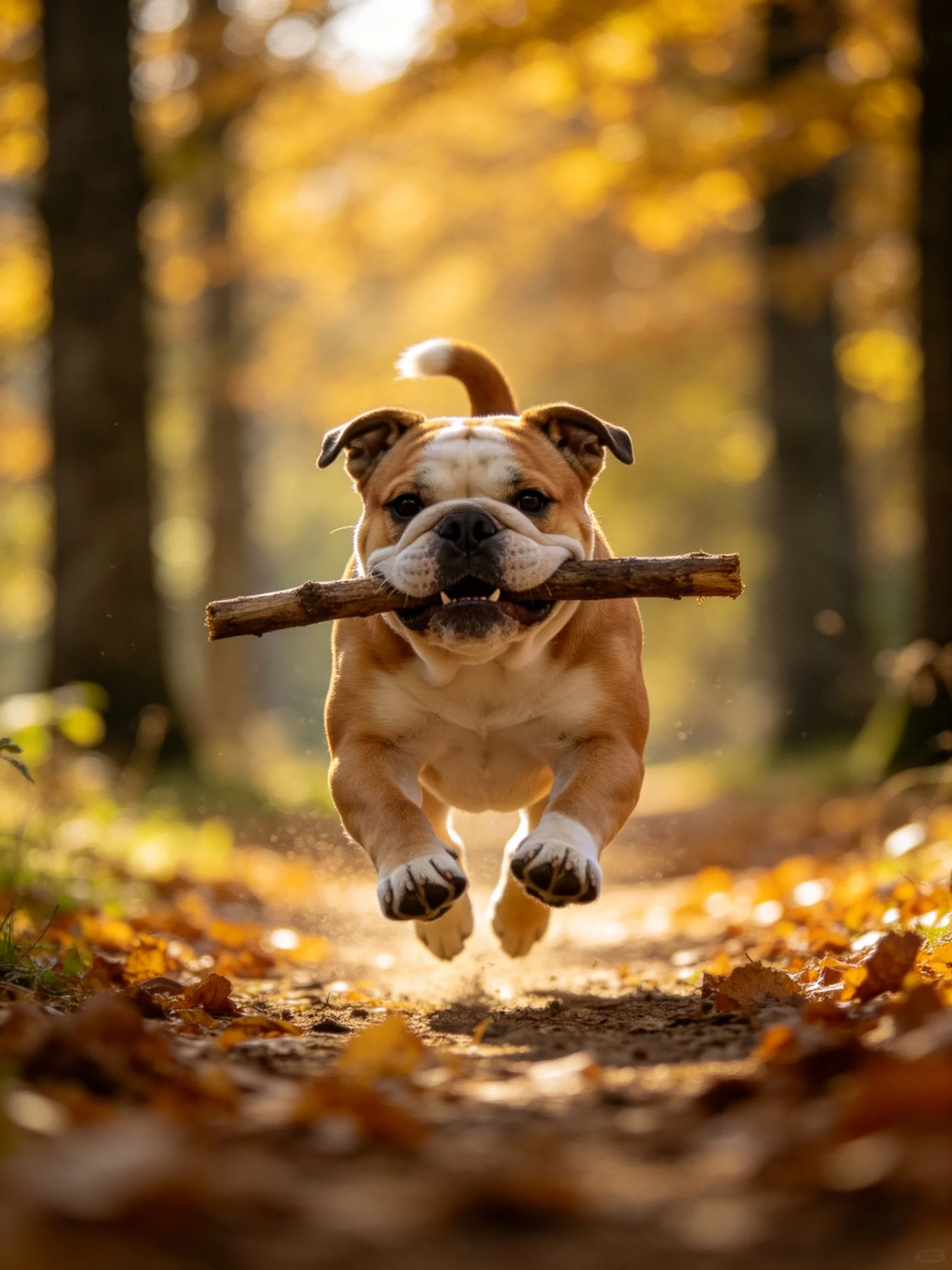 A brown bulldog carries a wooden stick through golden autumn woods