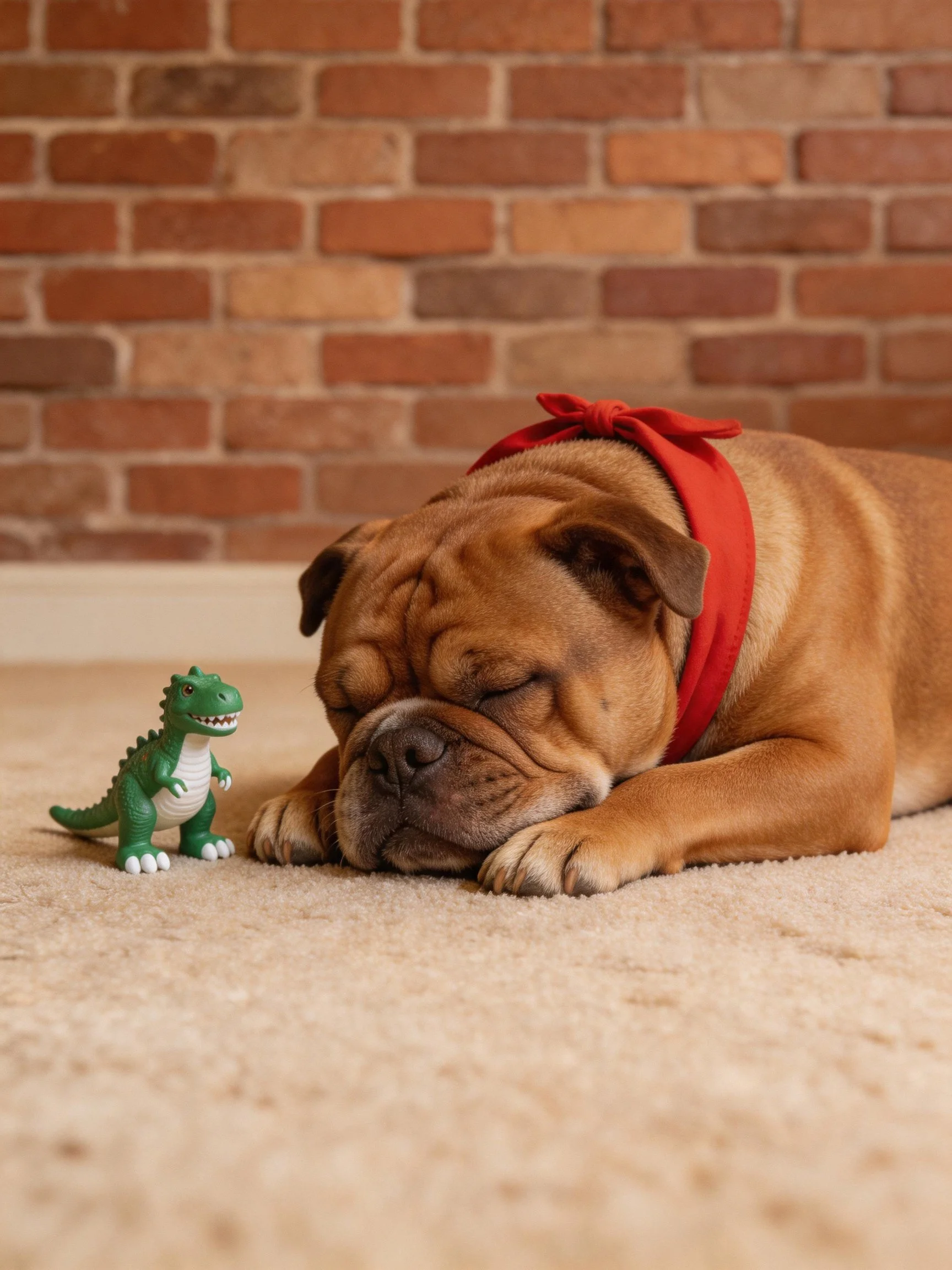 A brown bulldog rests beside a small green dinosaur toy against a brick wall
