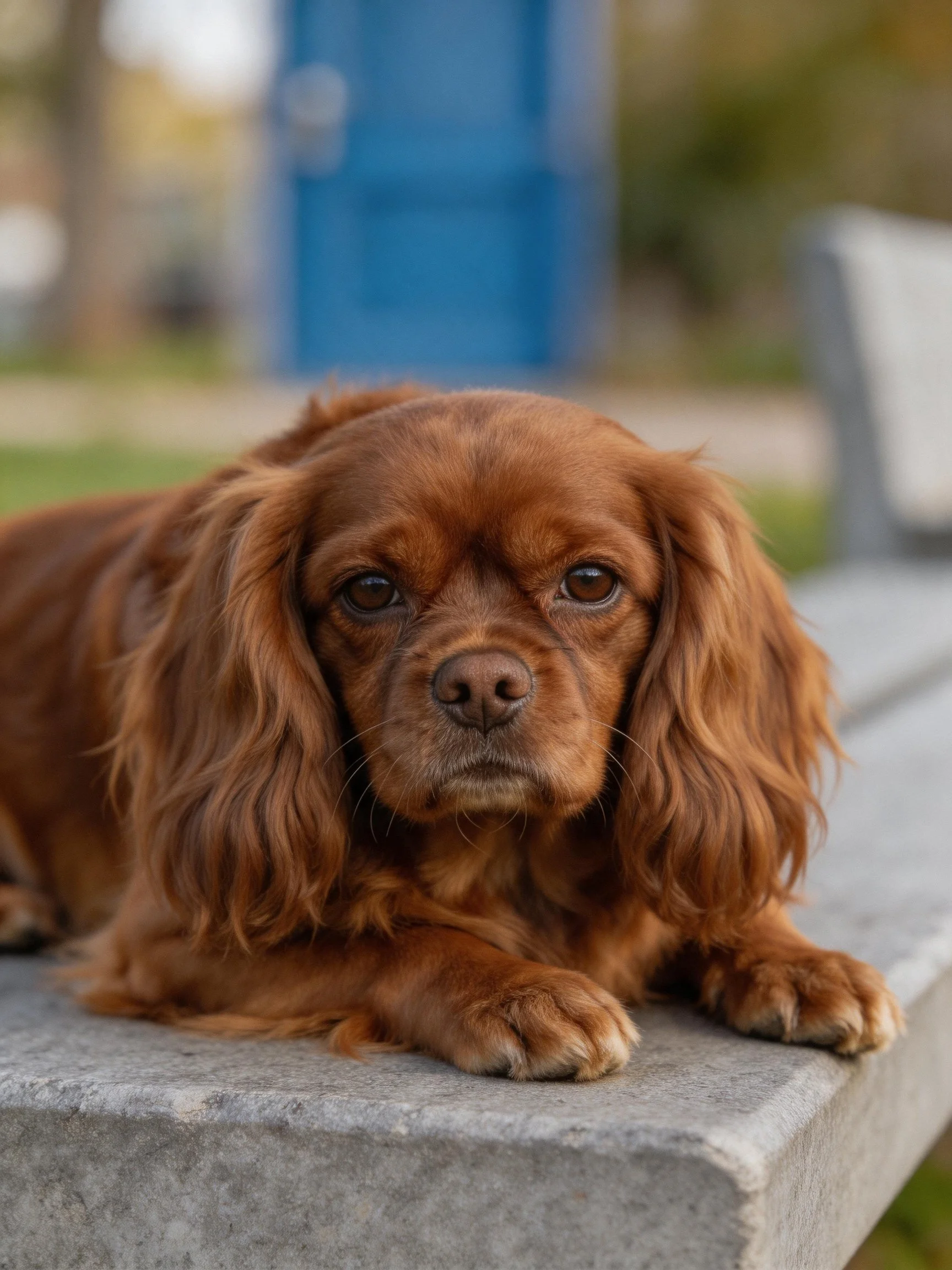 A brown - coated dog rests on a gray outdoor stone bench