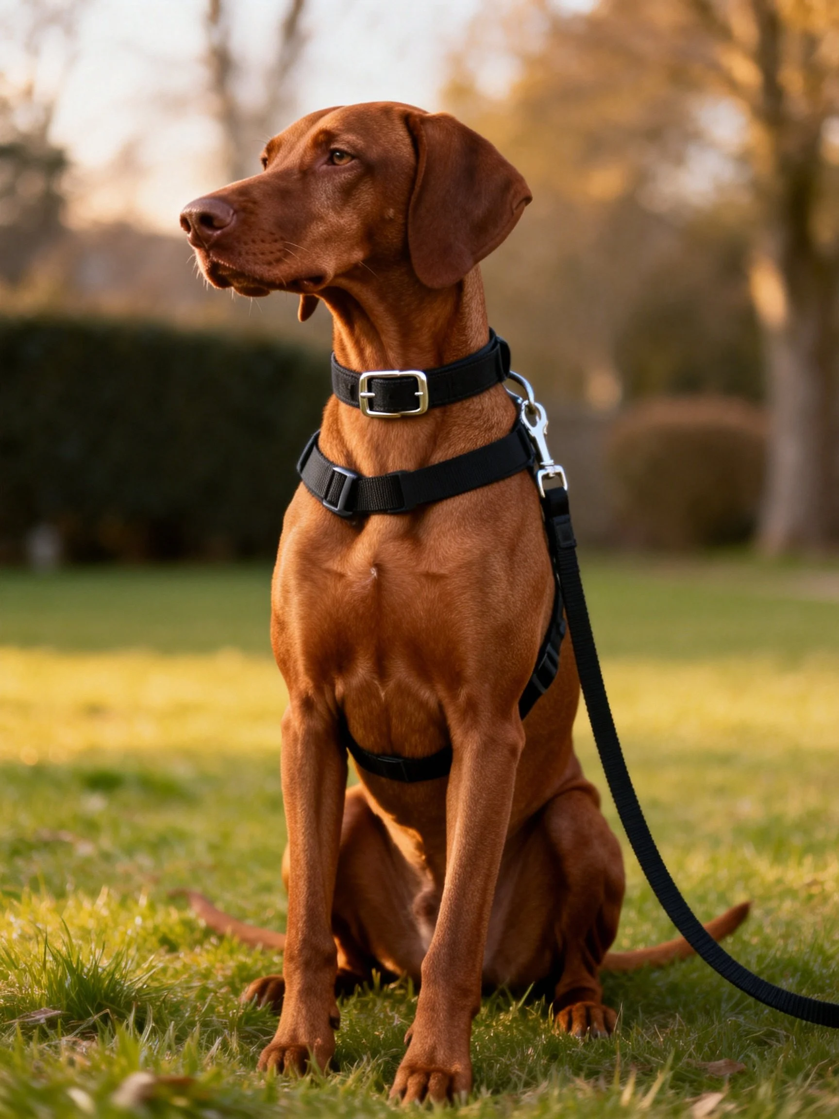 A brown-coated dog sits on grass with a black harness