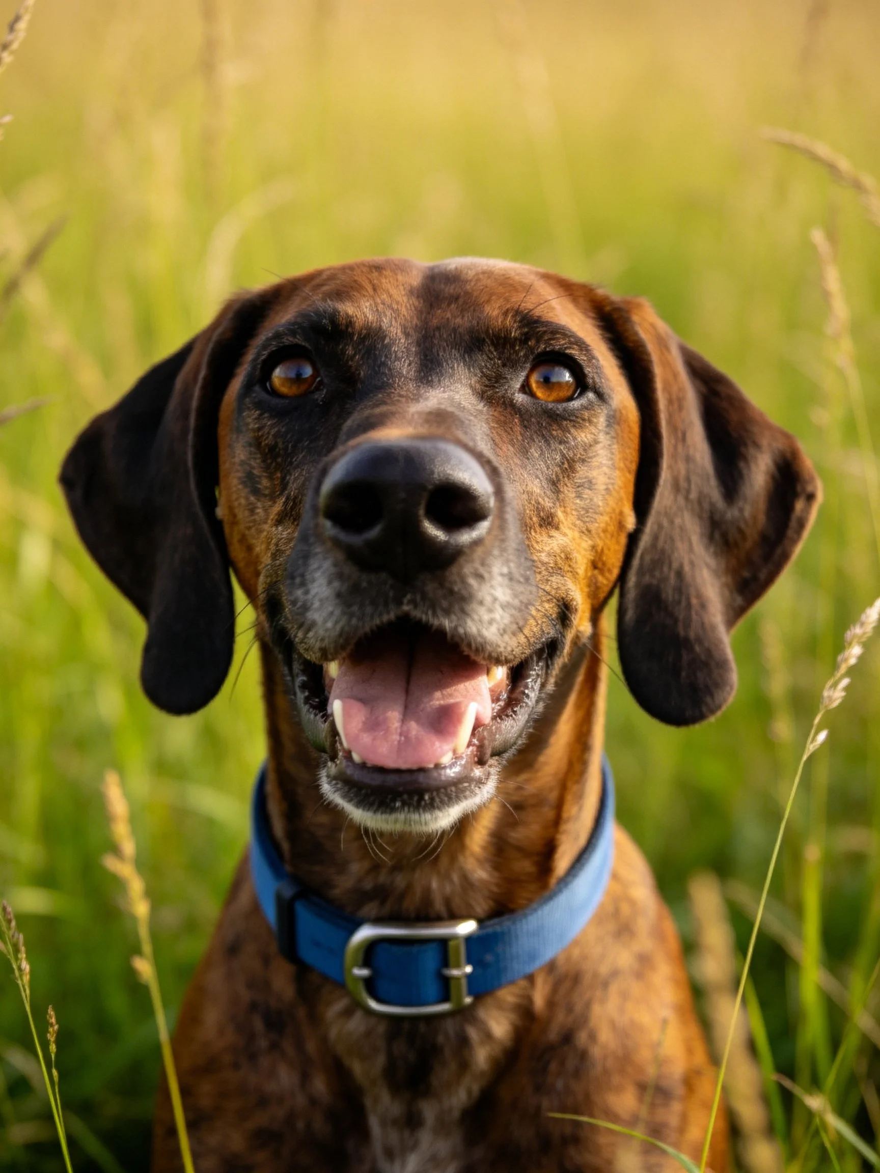 A brown-coated dog wearing a blue collar in a grassy field
