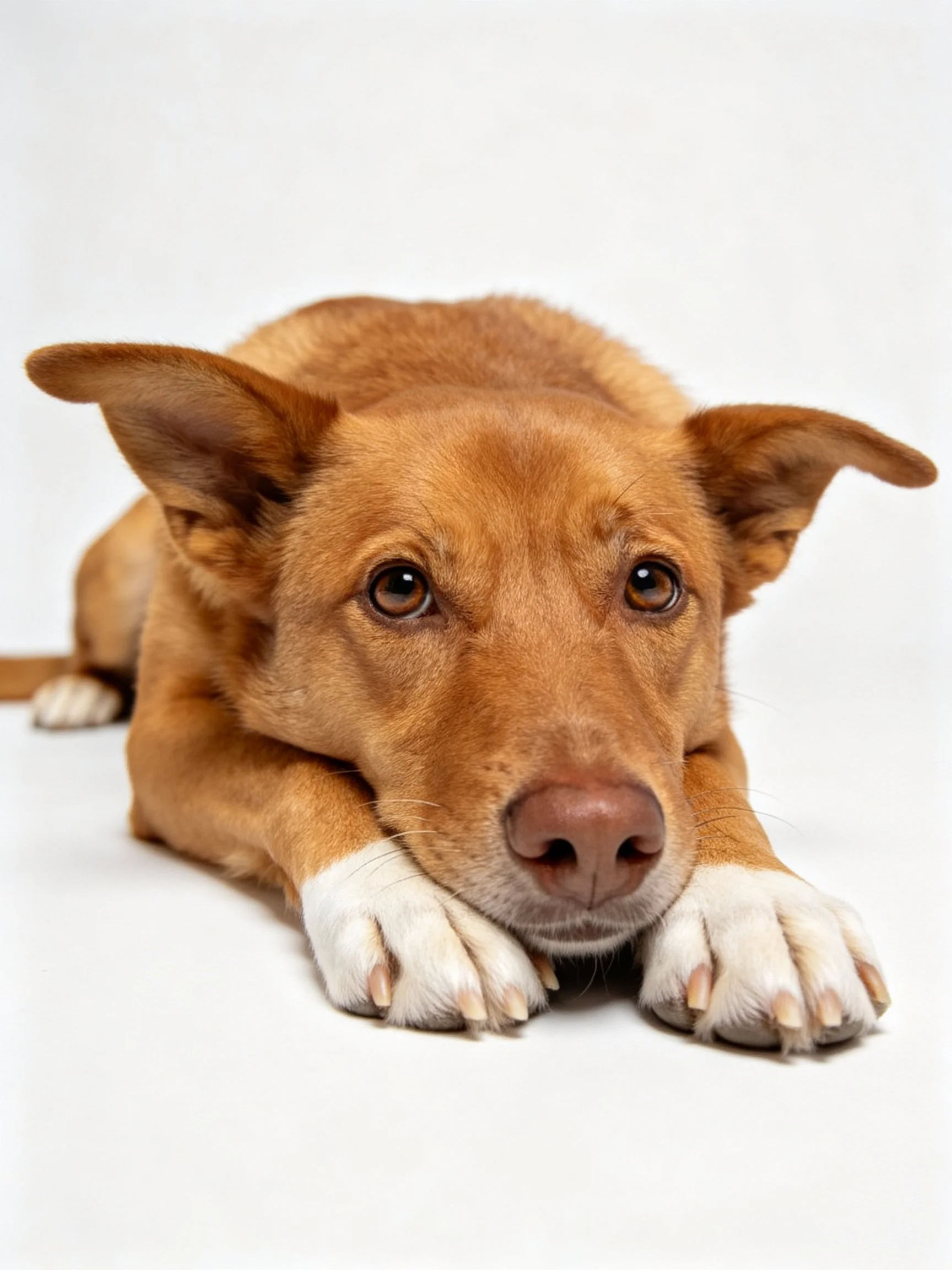 A brown-coated dog with white paws resting on a plain white surface
