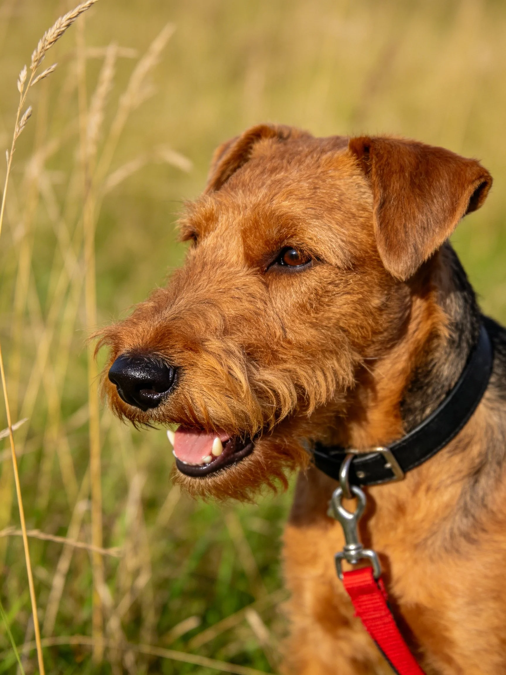 A brown-coated terrier with a black collar in tall grass