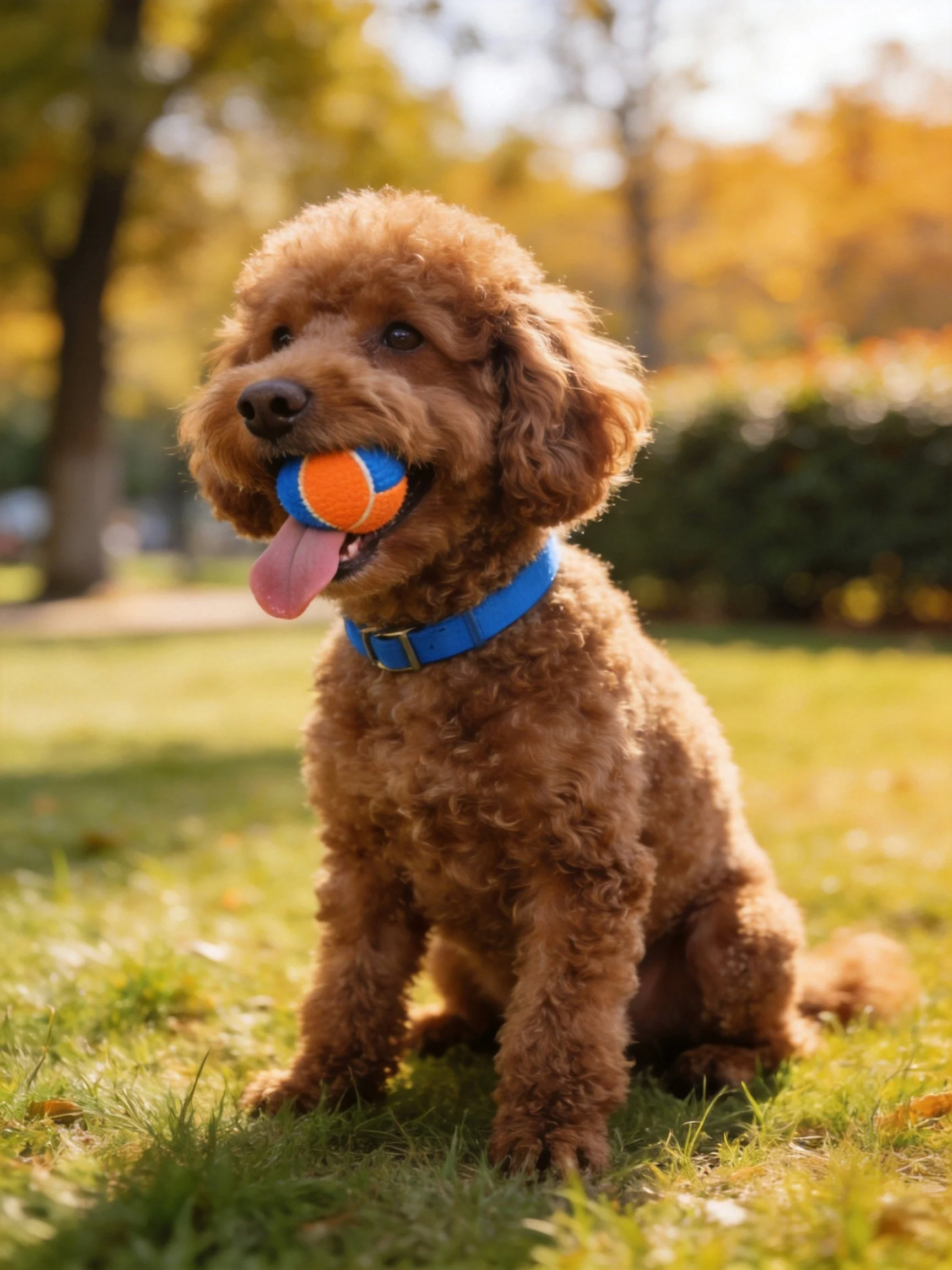 A brown dog holds a colorful ball while sitting on grass in a sunny park