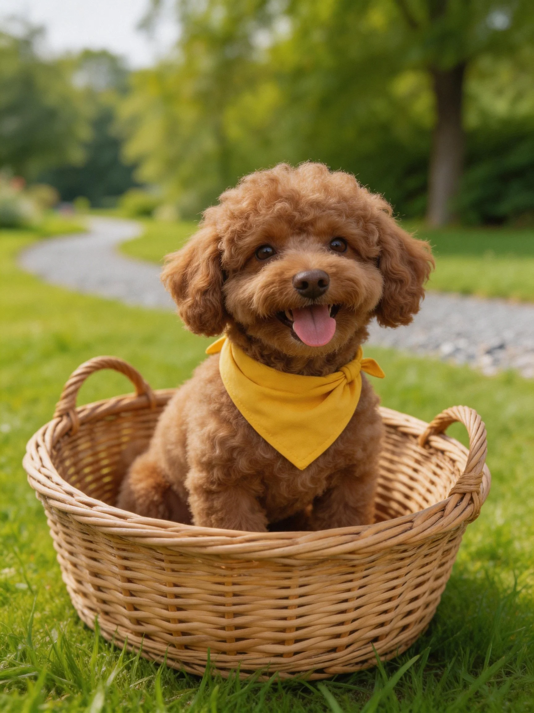 A cheerful brown dog sits happily in a wicker basket outdoors.