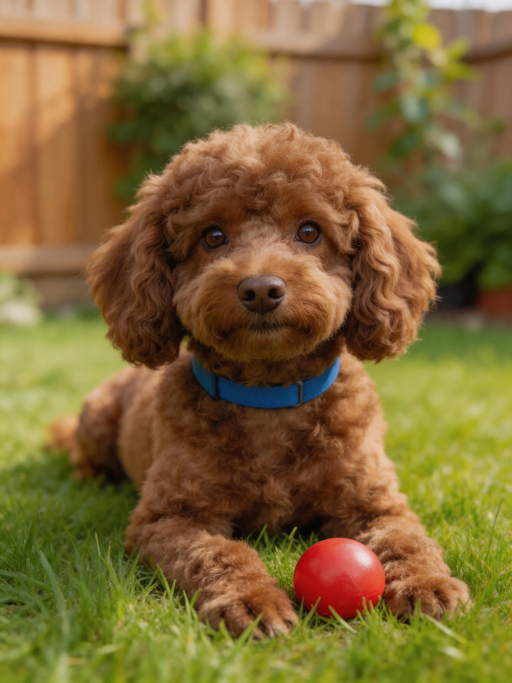 A brown curly-haired dog rests on grass next to a red ball.