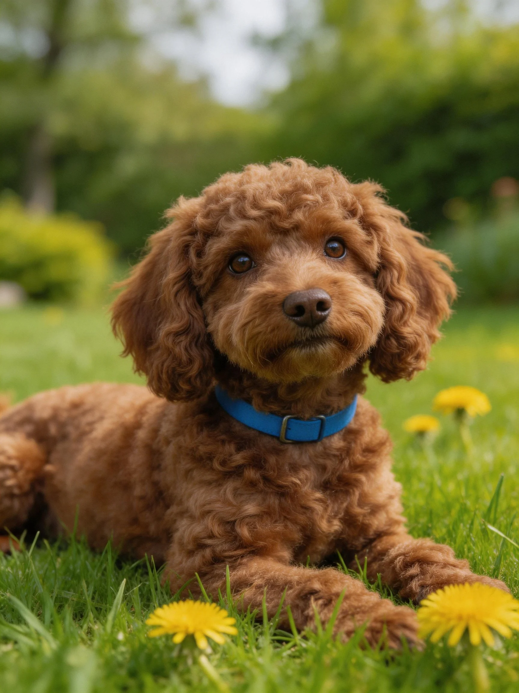 A brown curly-haired dog resting near yellow dandelions