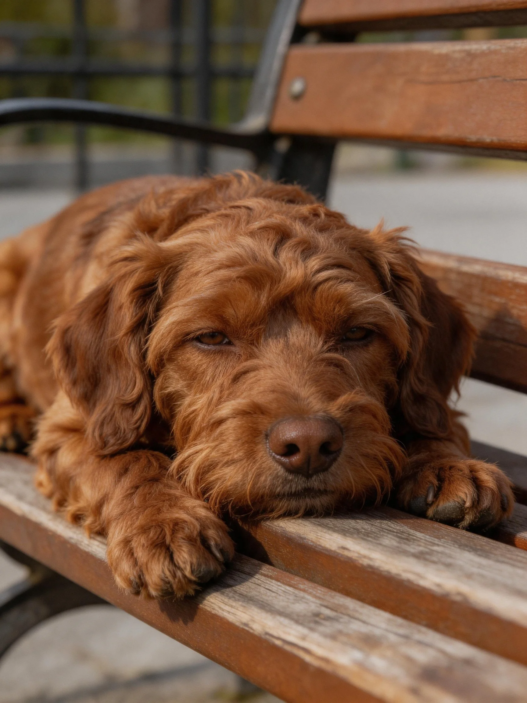 A brown curly-haired dog relaxes on an aged wooden park bench.