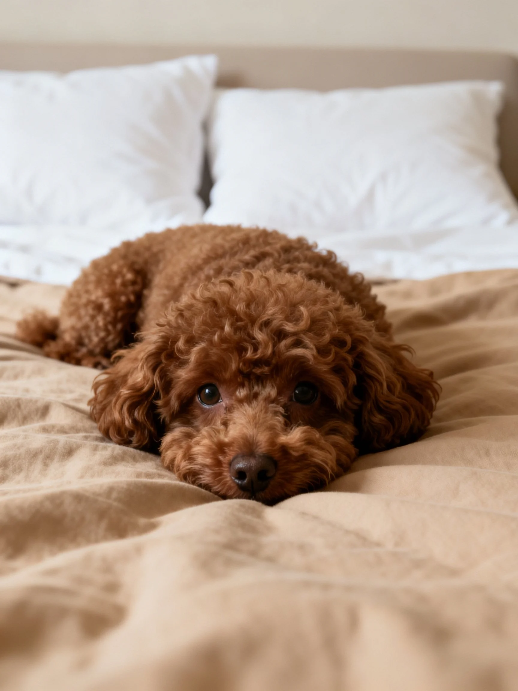 A brown curly-haired dog rests on a beige bed with white pillows