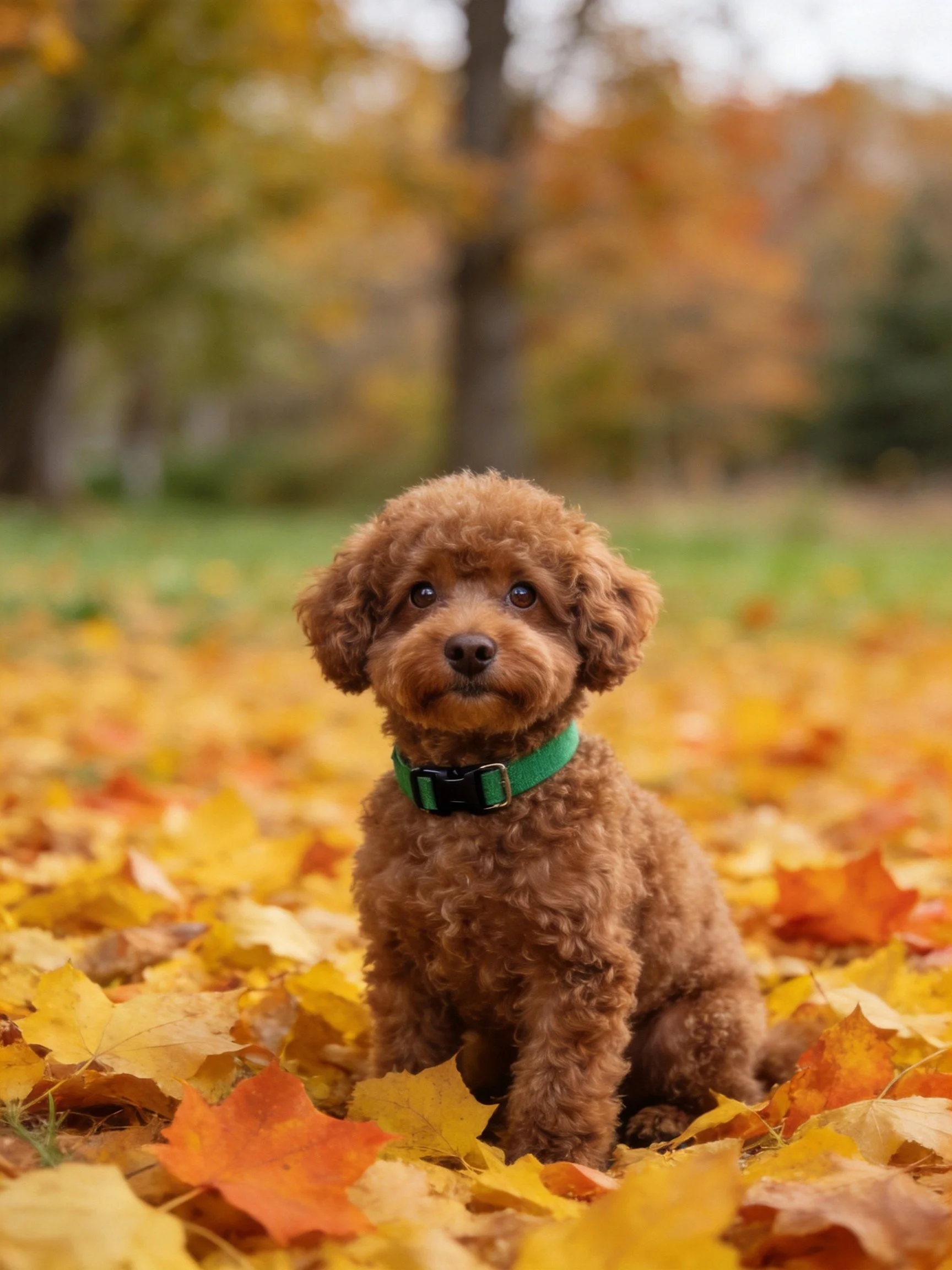 A brown dog sits calmly among fallen autumn leaves in a park setting.