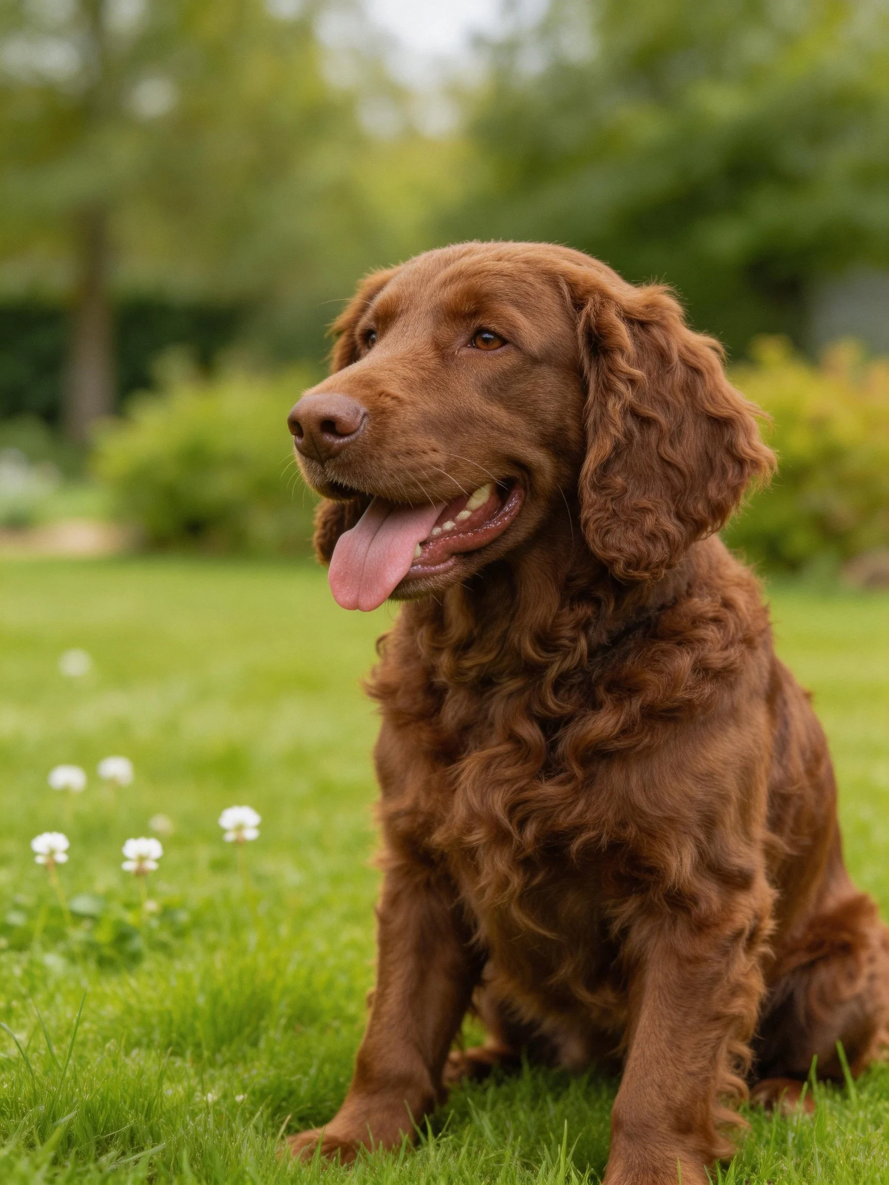 A brown curly-haired dog sits on lush green grass