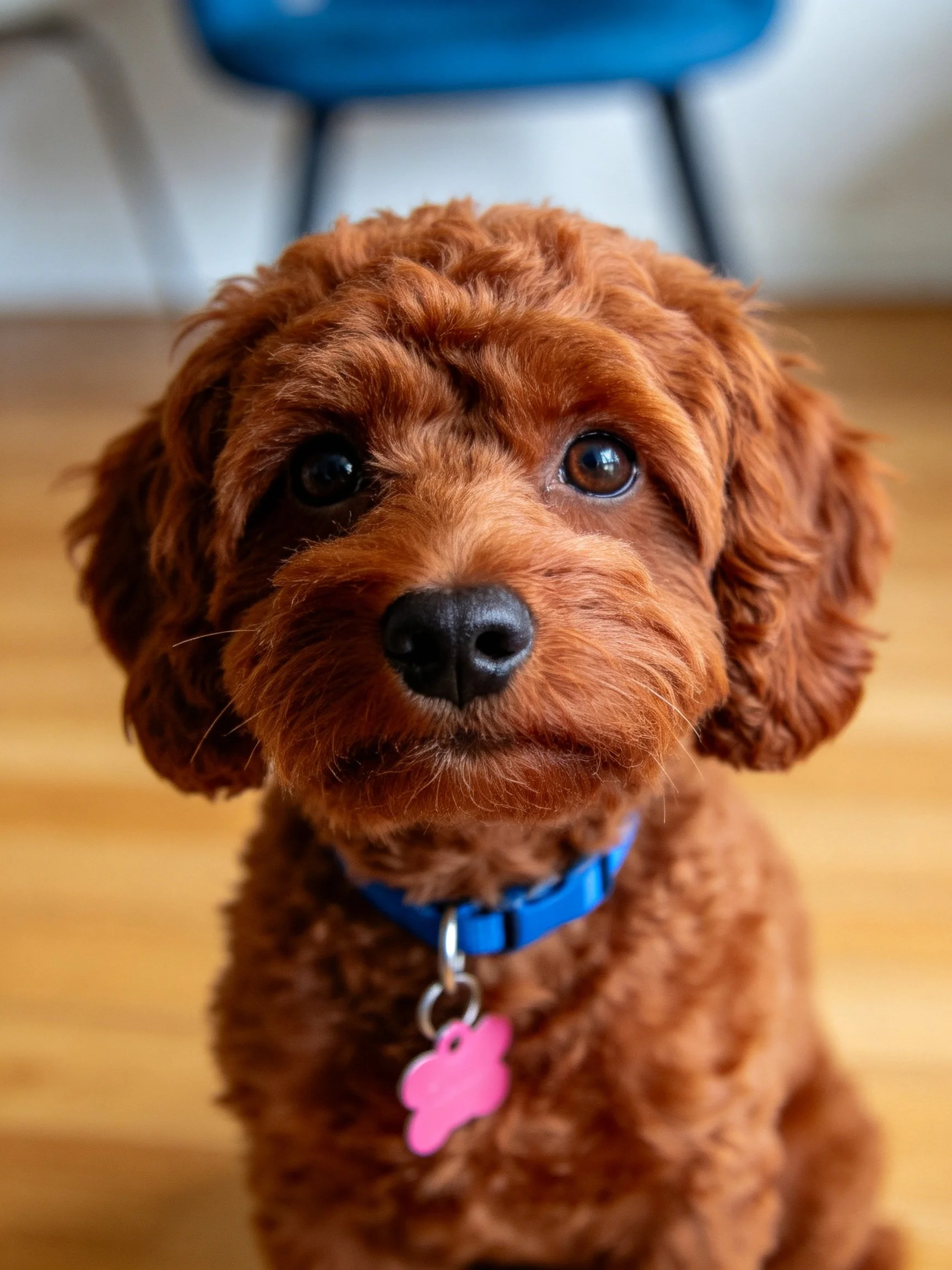 A brown curly-haired dog sits indoors with a blue collar.