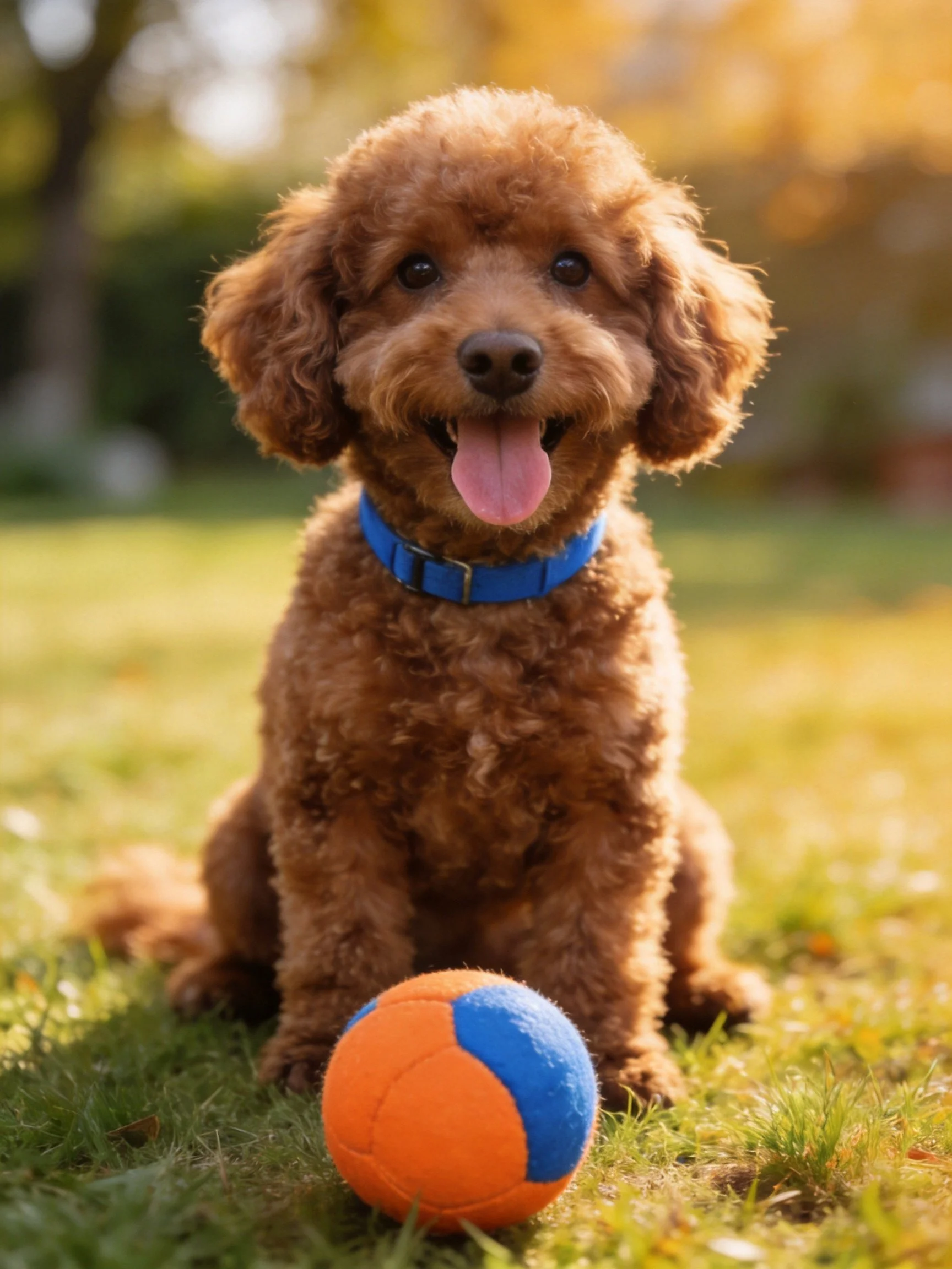 A brown dog with a blue collar sits outdoors next to a colorful ball