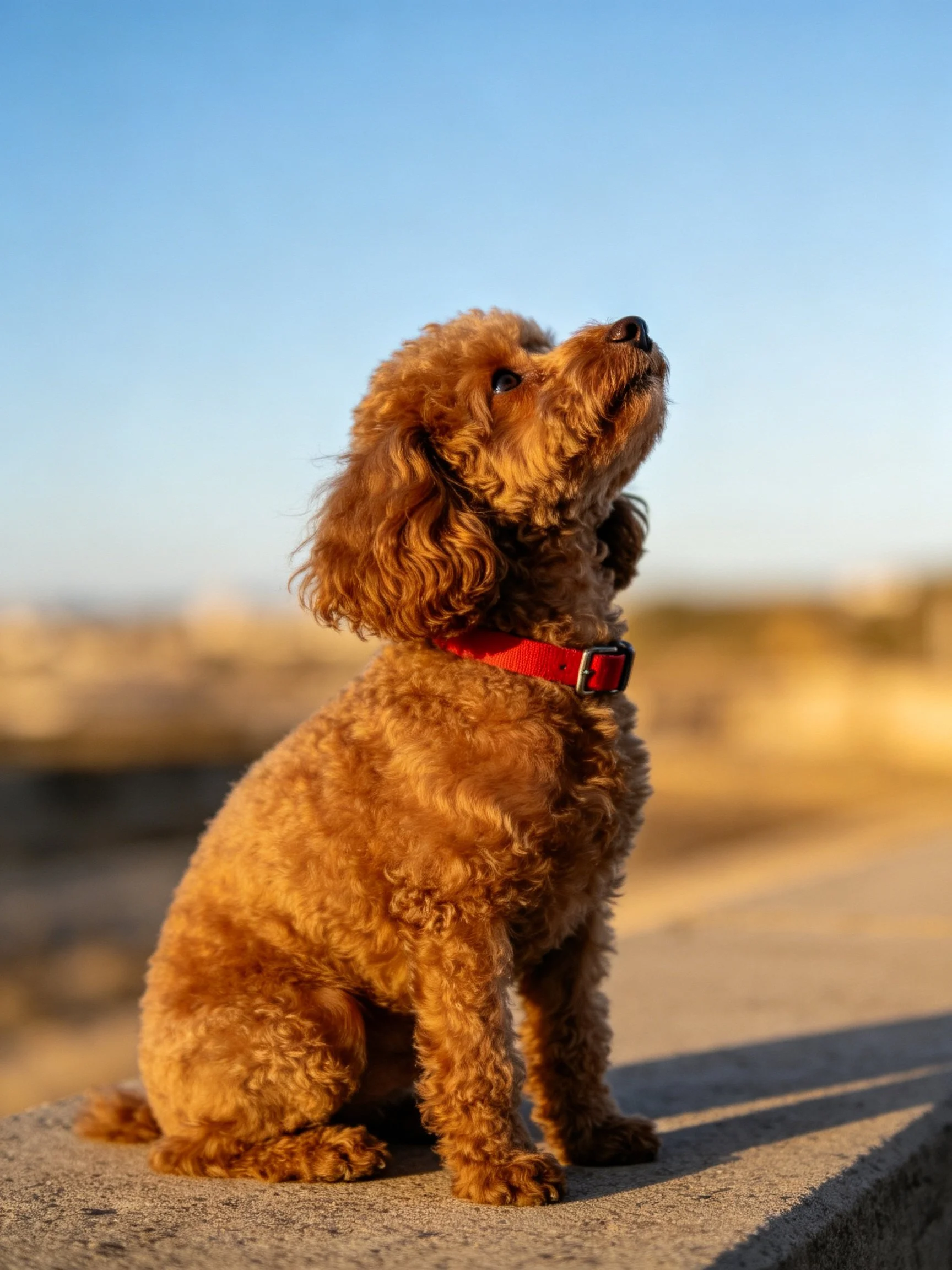 A brown curly-haired dog with a red collar sits outside, gazing upward