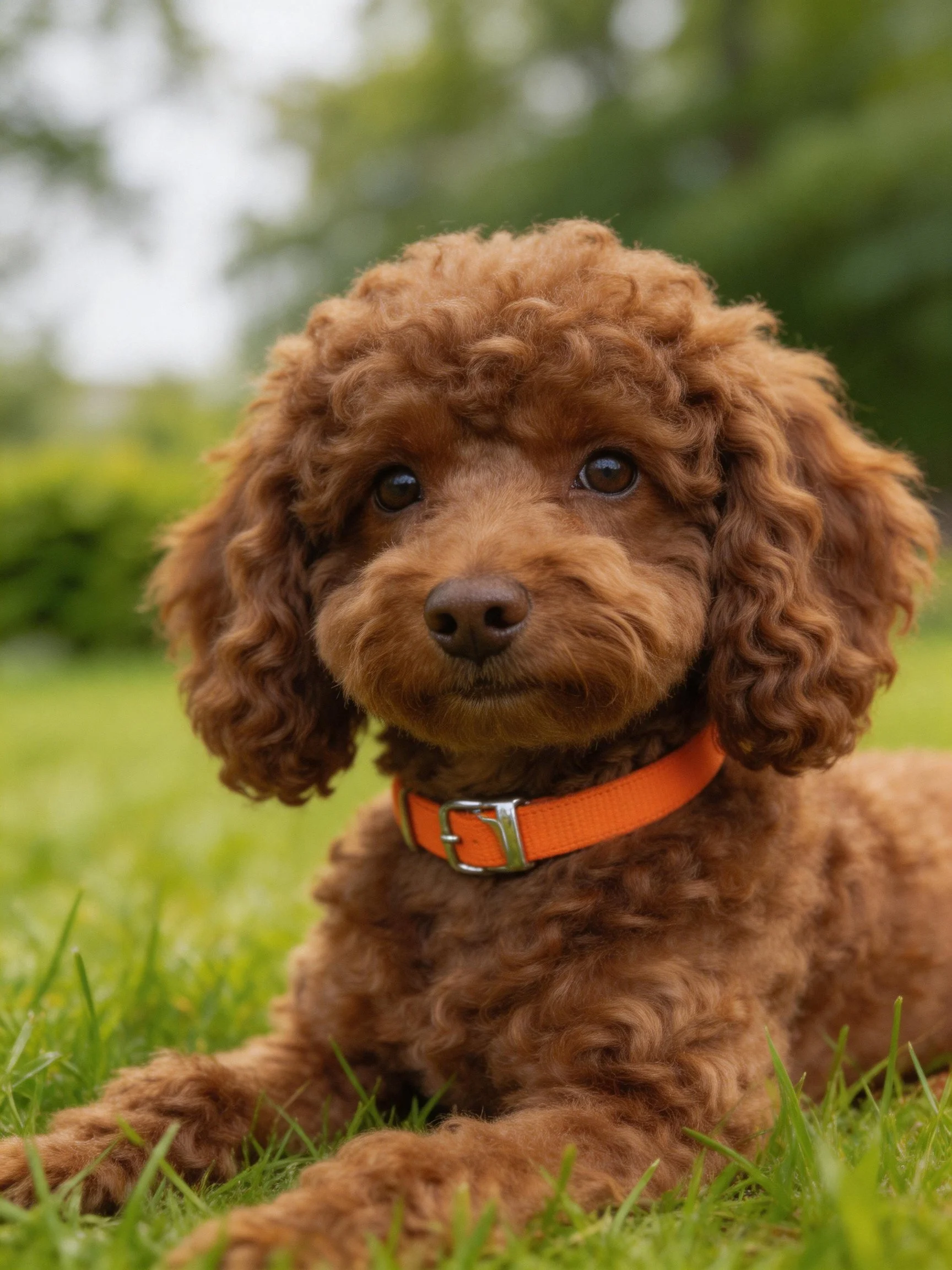 A brown curly-haired dog with an orange collar relaxes on green grass outdoors.