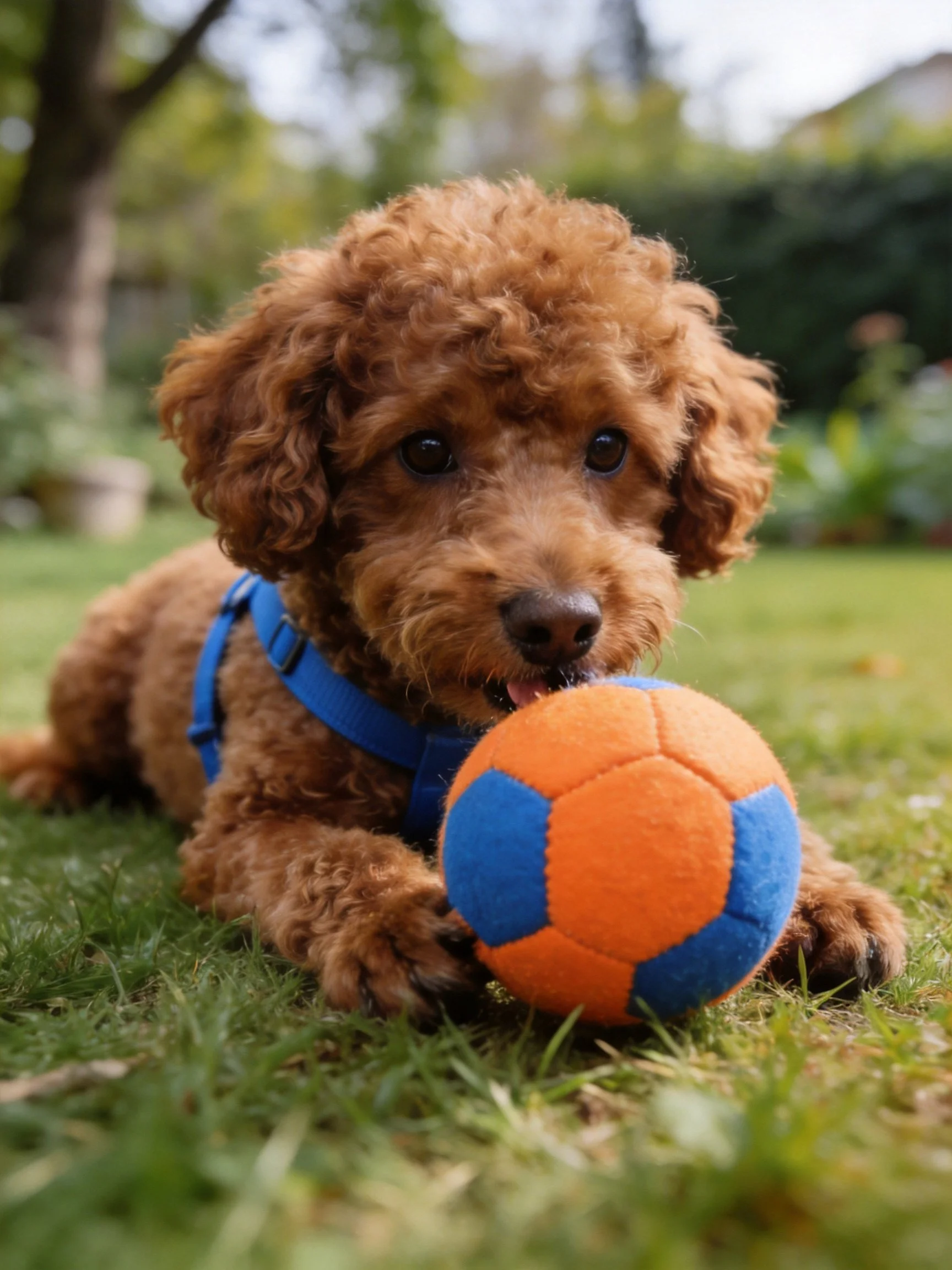 A brown curly-haired puppy plays with an orange and blue ball on grass.