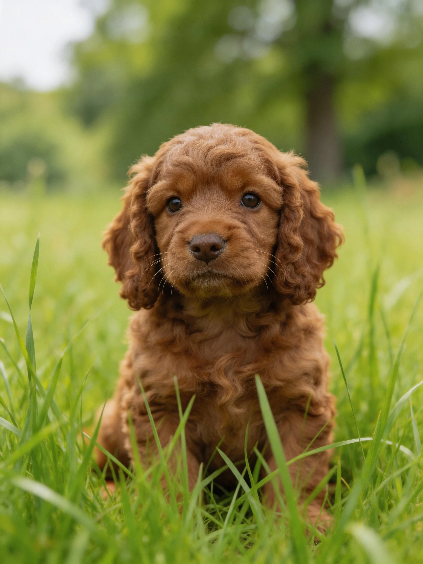 A brown puppy sits calmly among tall green grass in an outdoor setting.