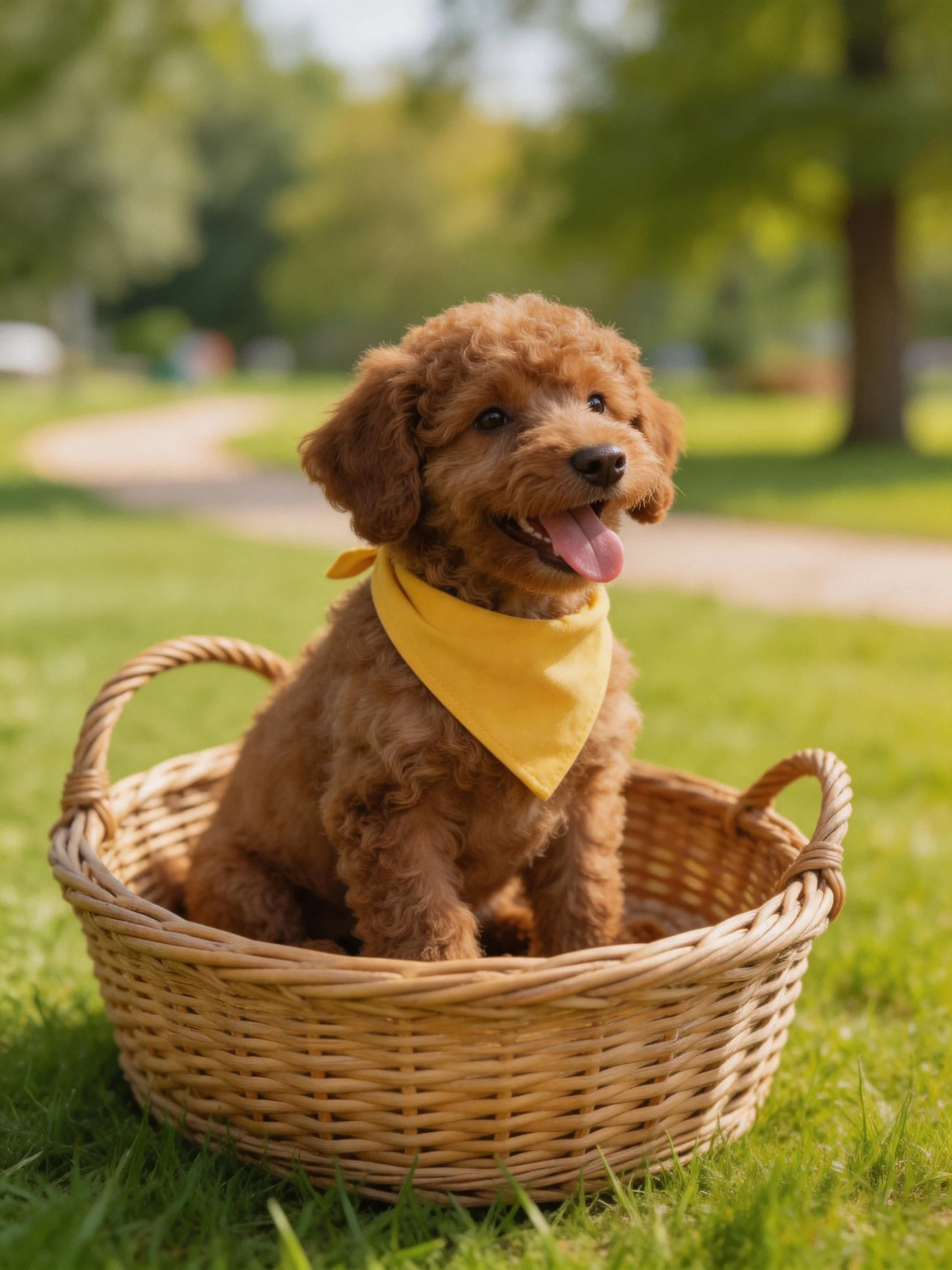 A brown curly-haired puppy with a yellow bandana sits in a wicker basket in a sunny park setting.