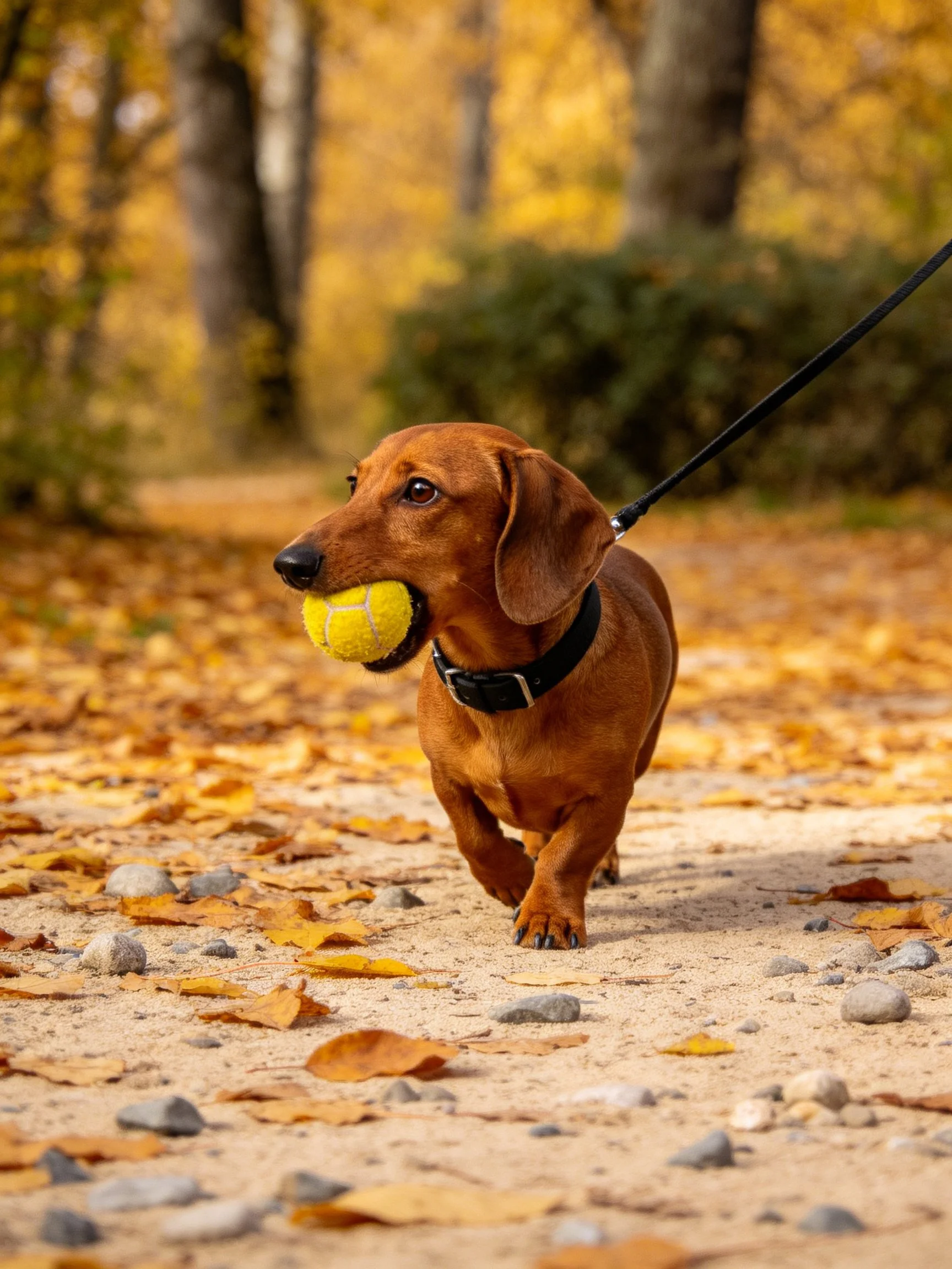 A brown dachshund carries a yellow tennis ball on an autumn leaf path