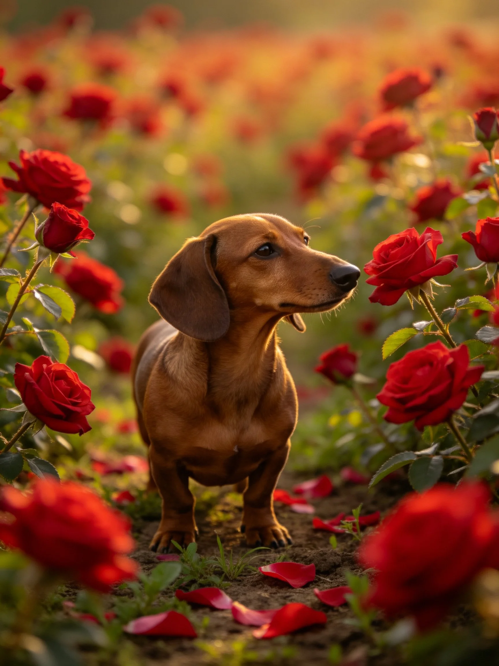 A brown dachshund exploring a field of vibrant red roses